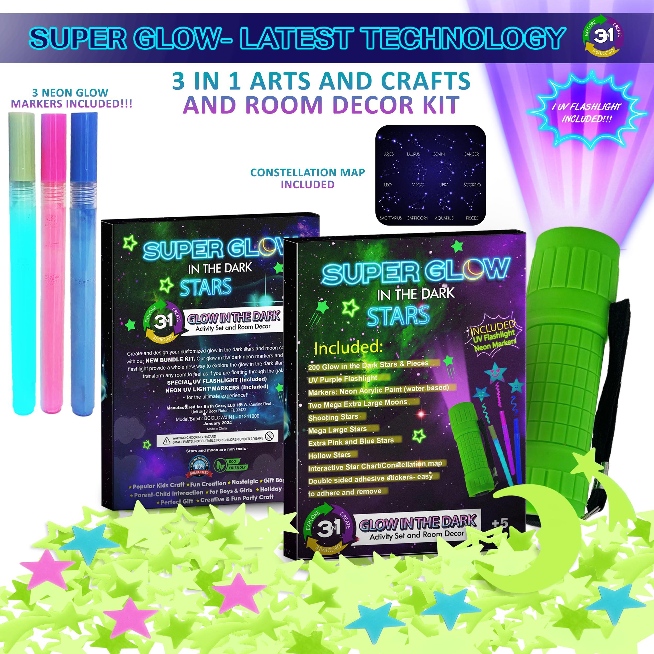 Birth Core Glow in The Dark Stars for Ceiling, Kids Room Decor, 3-in-1 Set, UV Flashlight Blacklight, Neon Glow Markers, Arts and Crafts for Kids, Glow in The Dark Stickers, Wall Decor. 200 Stars and Moon