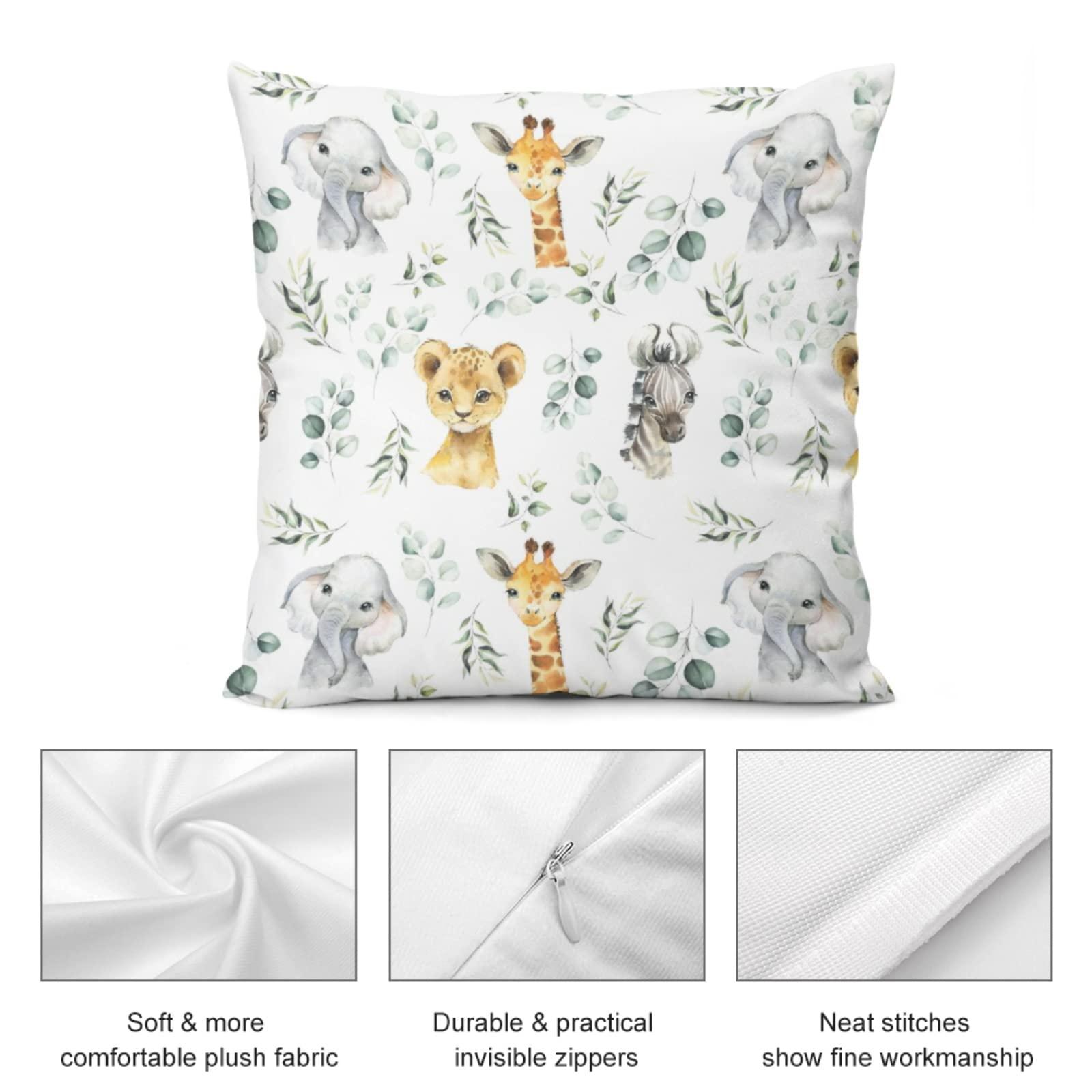 HawSkgFub HawSkgFub Baby Boy Girl Nursery Safari Jungle Animals Eucalyptus Leaf Pillowcase Throw Pillow Cover, Elephant Giraffe Zebra Cushion Case Bedroom Playroom Decor, Neutral Baby Shower Kids Gifts 16 x 16
