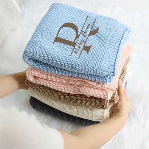 locobird locobird Initials Name Embroidered Baby Blanket, Personalized Baby Blanket for Boys Girls, Custom Baby Name Blankets, Embroidery Blanket, Cotton Knit Blanket for Son Daughter