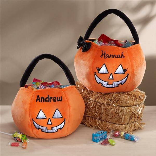 Personalization Universe Personalization Universe Cheerful Pumpkin Embroidered Reflective Girl Halloween Treat Bag - Customizable Name, Multiple Thread Colors/Fonts Personalized Trick or Treat - 8" W x 7.5" H, 100% Polyester