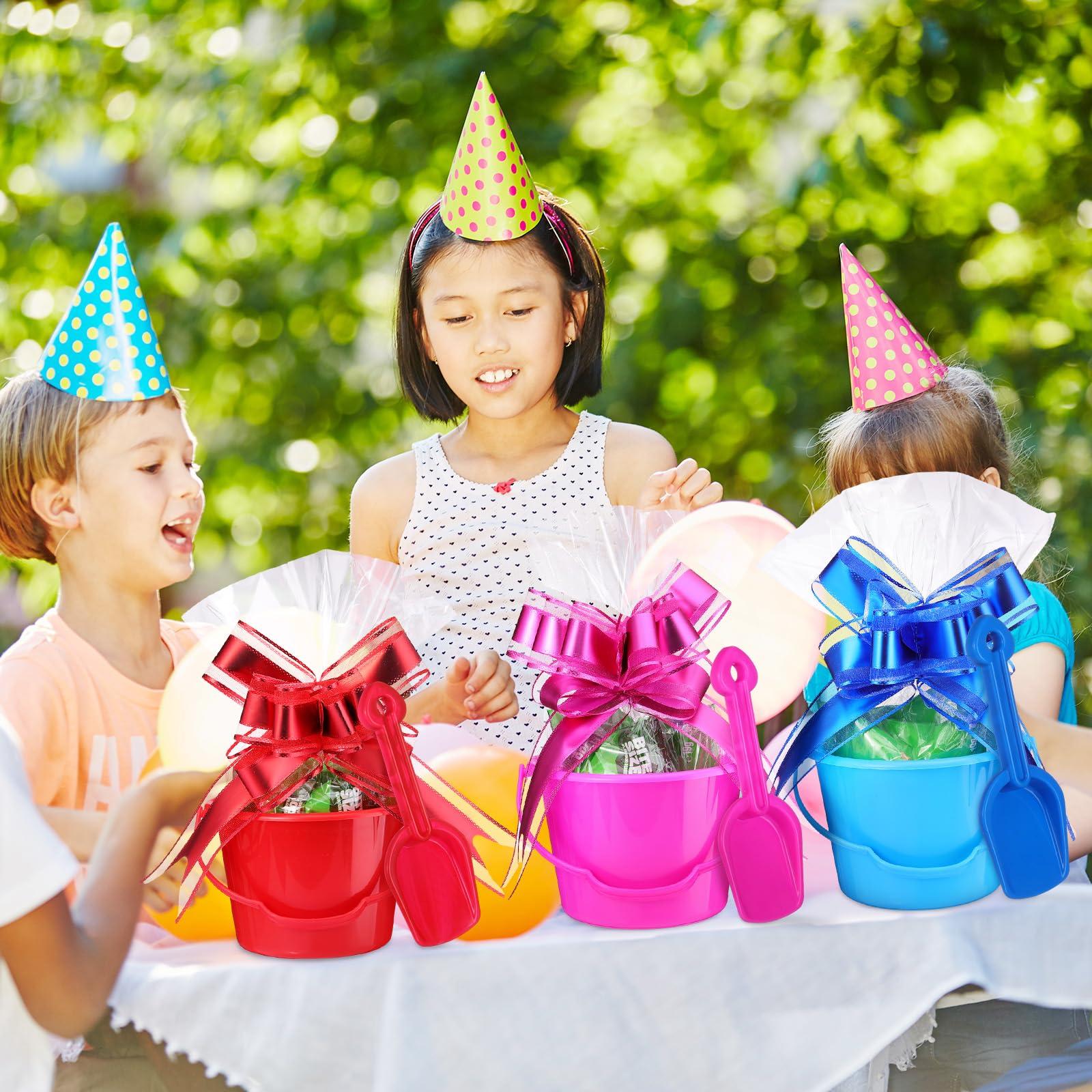 Sratte 10 Sets Sand Buckets and Shovels Set for Kids Plastic Mini Beach Pail and Shovel with 20 Pcs Clear Treat Bags and 20 Pcs Pull Bows for Boys and Girls Summer Beach Holiday Birthday Party Favors