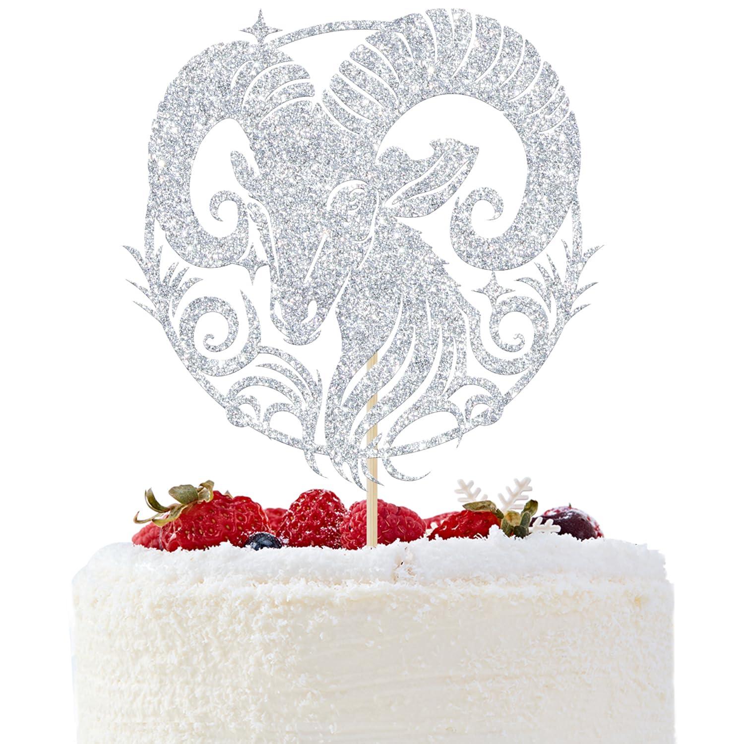 GREABRRY Aries Cake Topper, Aries Birthday Cake Decor, Aries Season Decorations, Zodiac Party Decor, Horoscope Birthday Party Decorations (Silver Glitter)