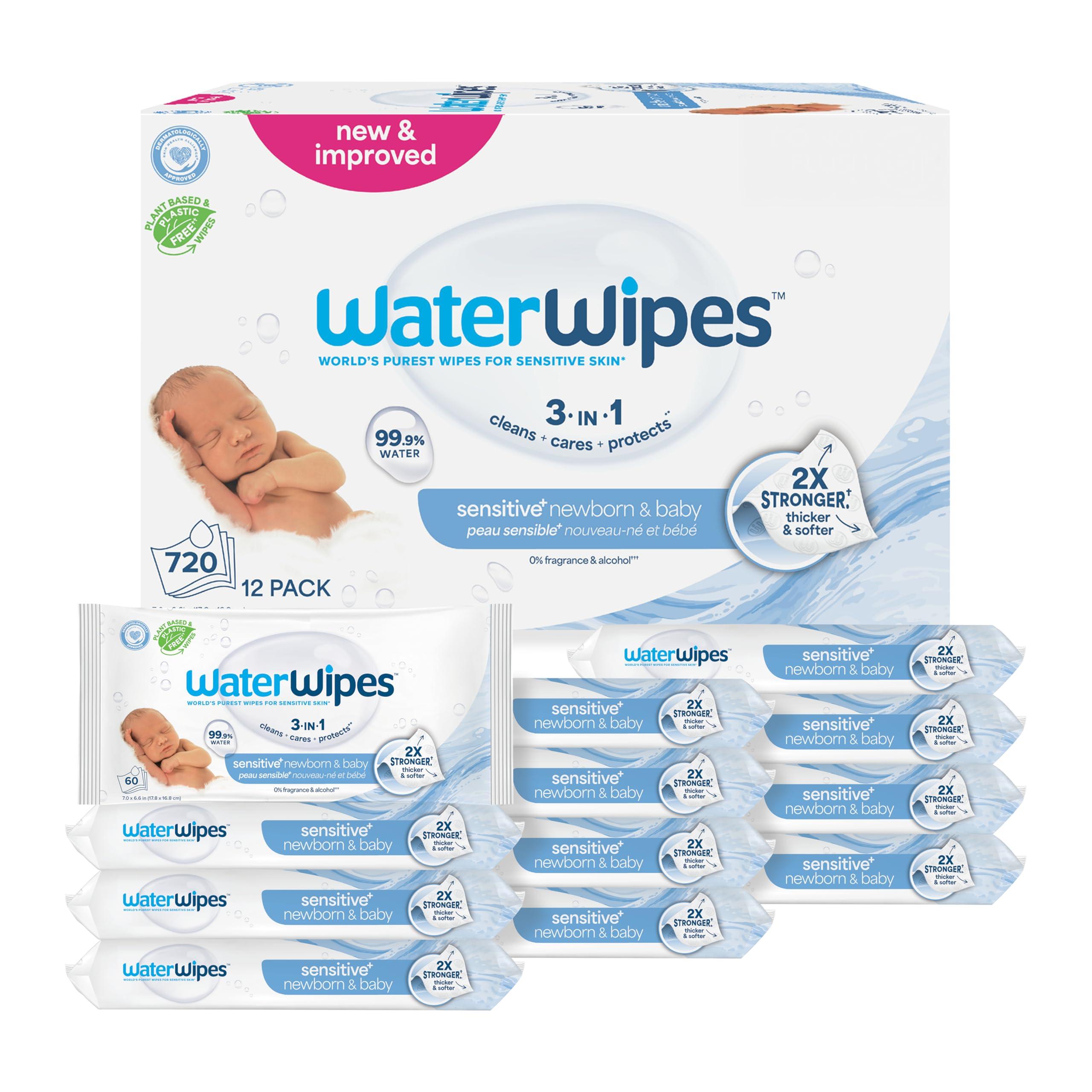 WaterWipes WaterWipes Plastic-Free Original Baby Wipes, 99.9% Water Based Wipes, Unscented & Hypoallergenic for Sensitive Skin, 60 Count (Pack of 12), Packaging May Vary