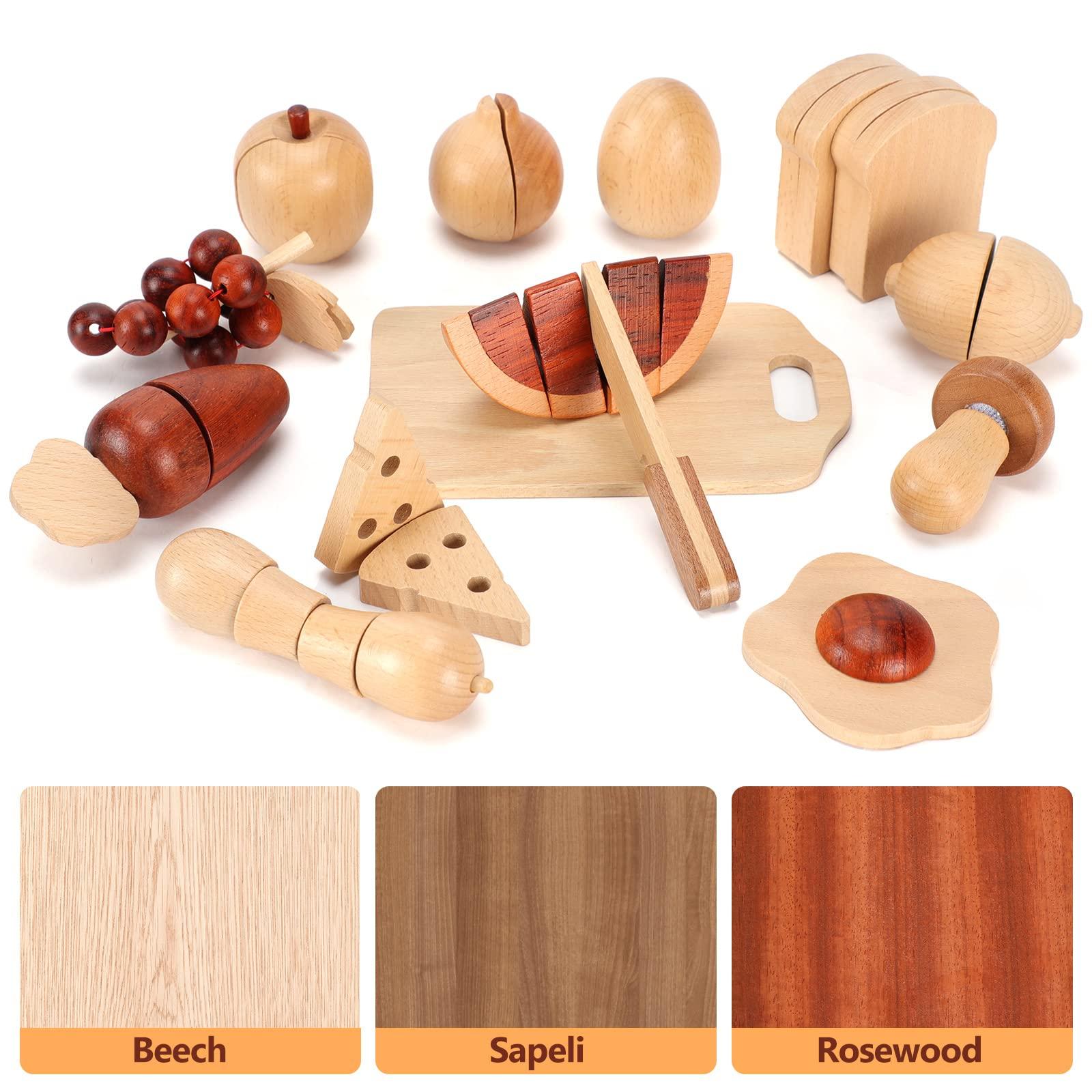 WHOHOLL WHOHOLL Wooden Play Food, Toddler Cutting Play Food Sets for Kids Kitchen, Velcro Fake Food Fruit Toys for Pretend Play Kitchen, Montessori Toy Kitchen Accessories for Girls Boys Gifts