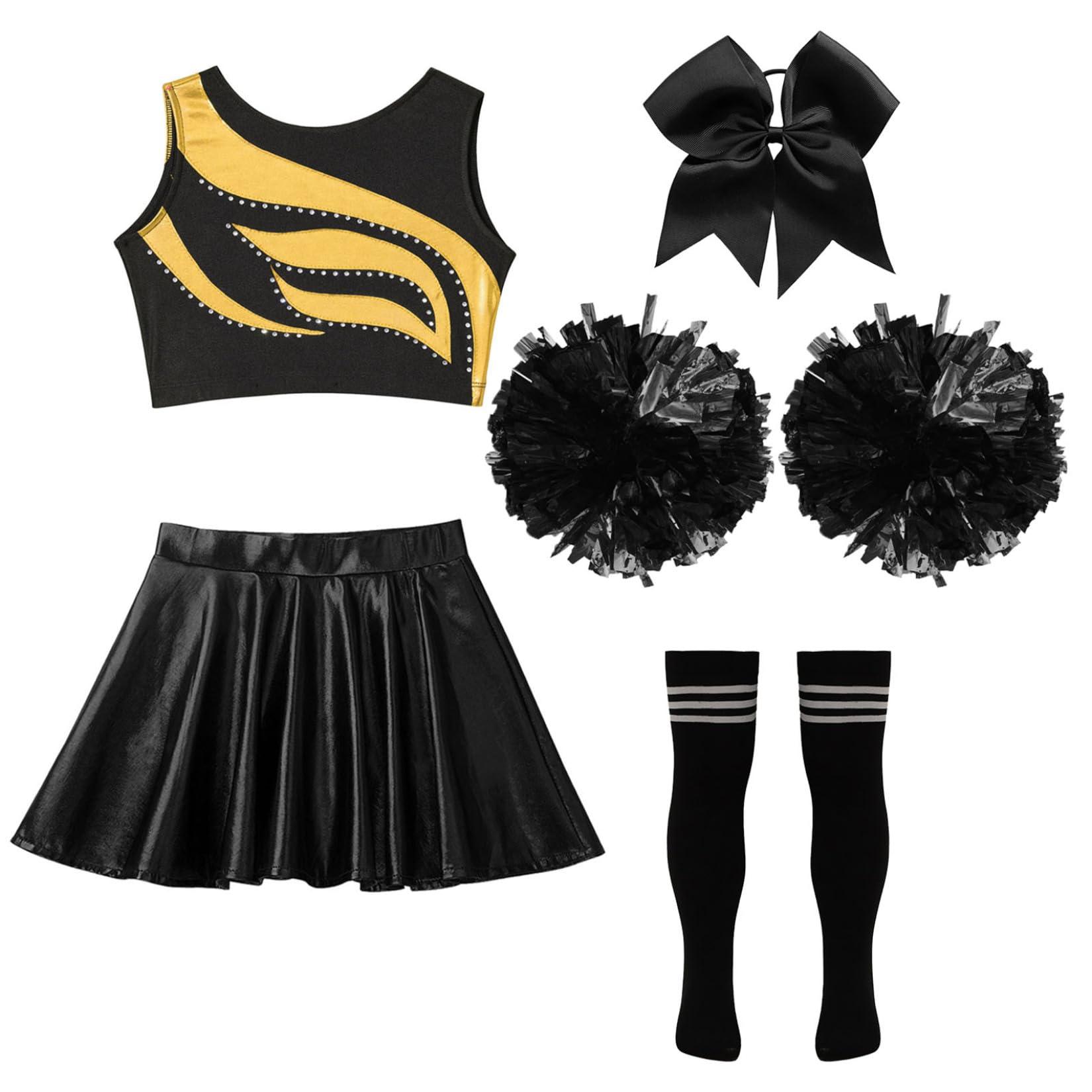 Jowowha Jowowha Kids Girls Shiny Cheerleading Dance Dress for Cheer Leader Performance Costume for Halloween Cosplay Party Outfits A Gold&Black 6 Years