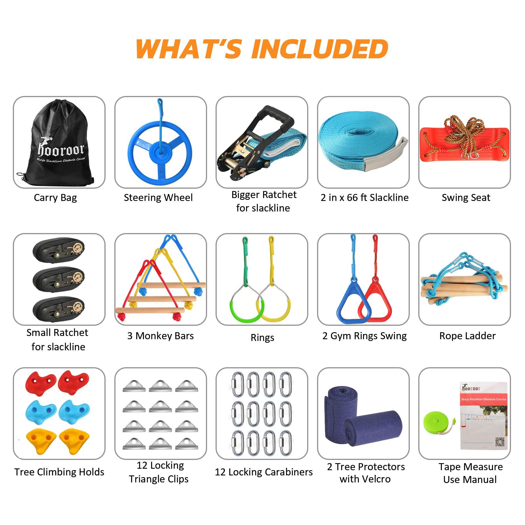 hooroor hooroor Ninja Warrior Obstacle Course for Kids and Adults - 66FT Slackline with Tree Climbing Rock Holds, Swing Seat, Monkey Bars, Ring Wheel, Rope Ladder - Outdoor Training Playset