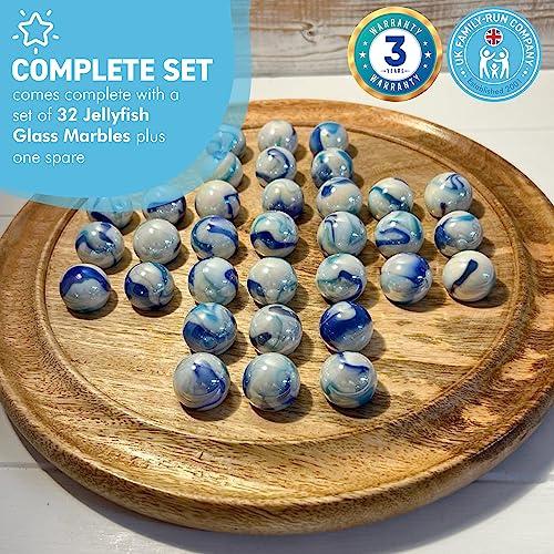 Thorness 30cm Diameter WOODEN SOLITAIRE BOARD GAME with JELLYFISH GLASS MARBLES | classic wooden solitaire game | strategy board game | family board game | games for one | board games