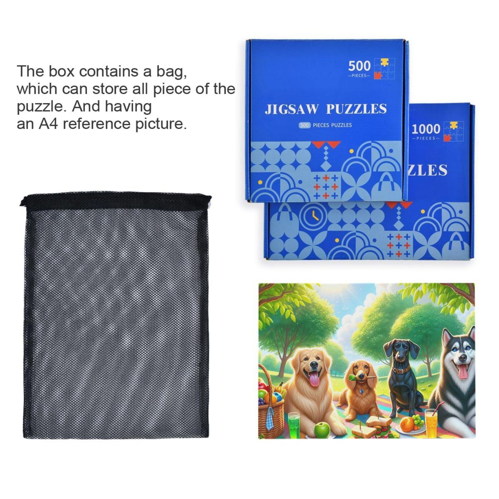 TSENQUE 500 Piece Jigsaw Puzzle, Picnic Dogs Puzzle DIY Gift Jigsaw Puzzles with Mesh Storage Bag for Adults Teens, 20.5\" L X 14.9\" W