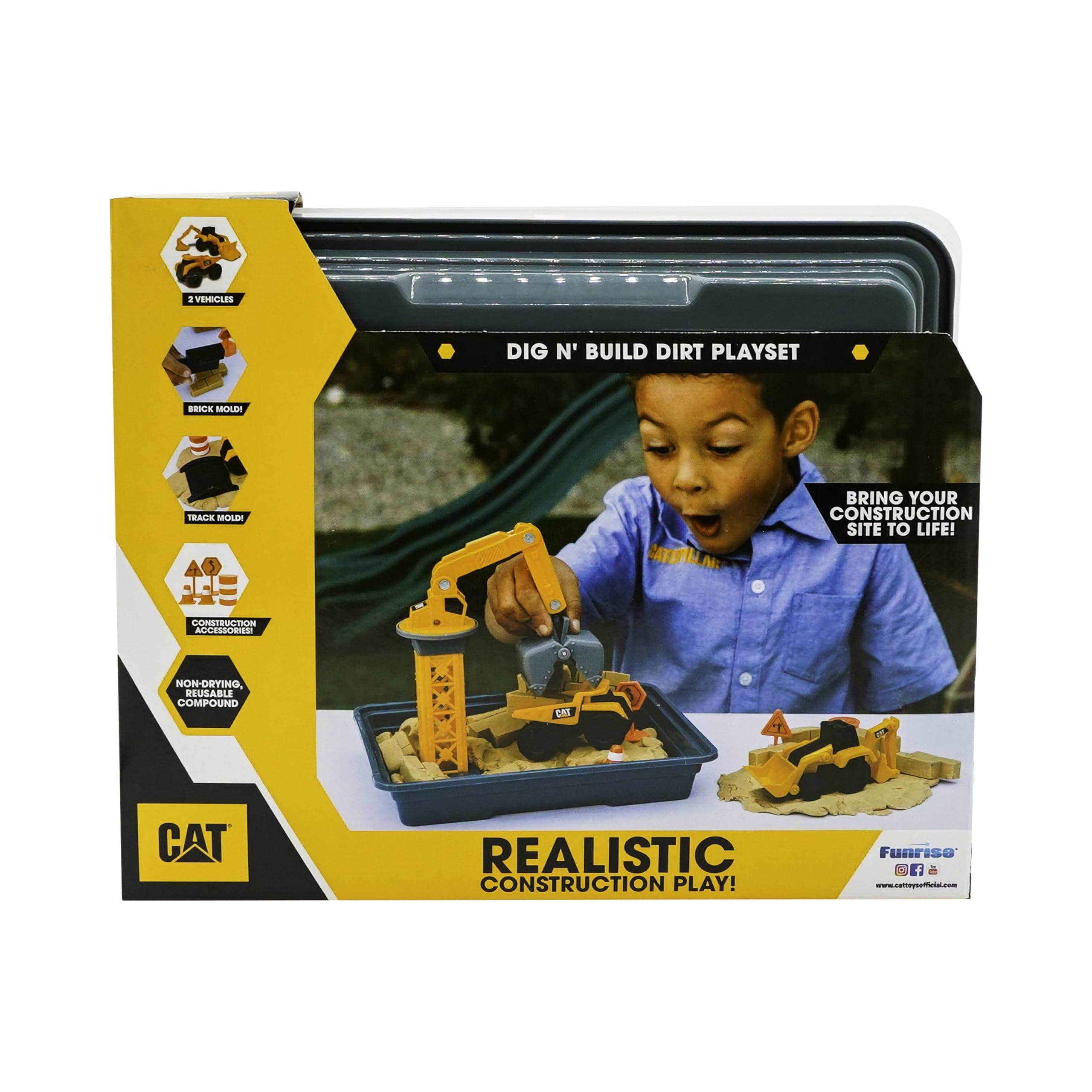 CAT CAT Construction Toys, Dig N\' Build Dirt Playset with 12 OZ of Compound - Includes 2 Little Machine Vehicles, Crane, and Storage Container.