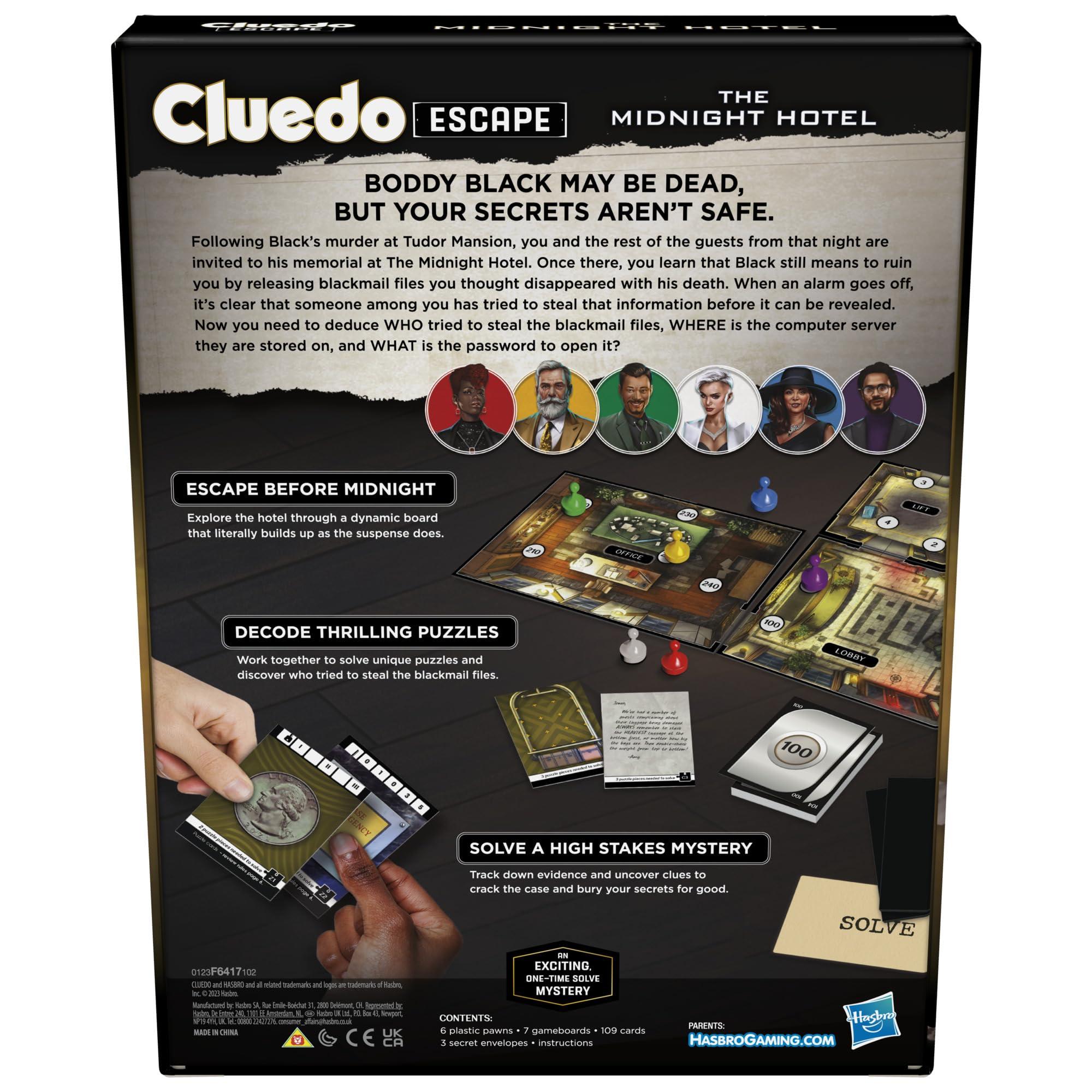Hasbro Gaming Clue Escape: The Midnight Hotel Board Game, Clue Escape Room Game, 1-Time Solve Mystery Games, Family Games for Ages 10+, 1-6 Players, 90 Mins. Avg.