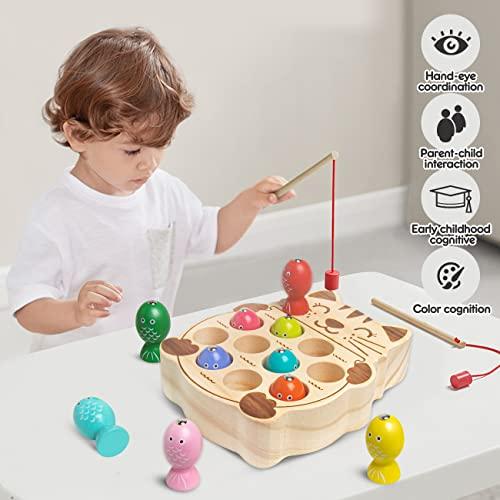 NAODONGLI Magnetic Fishing Game,Wooden Montessori Magnetic Fishing Toys for Toddlers,Preschool Education Learning Hand-Eye Cognition & Fine Motor Skill Birthday Gifts for 3 4 5 Years Old Kids Boys Girls
