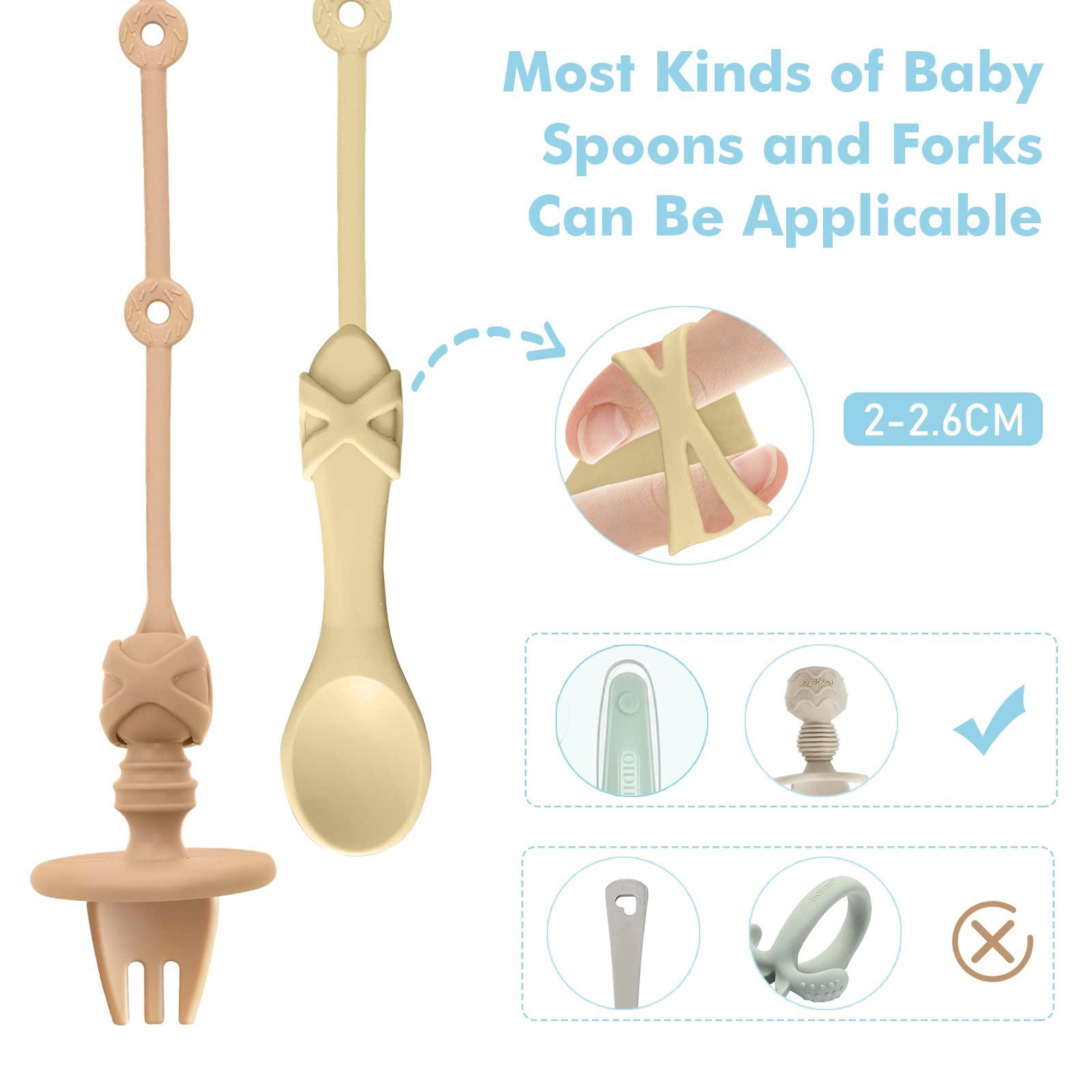 Gelinor Baby Spoons Self Feeding 6 Months Silicone Strap Toddler Utensils Fixer Highchair Accessories-Gelinor Feeding Aid for Keep Baby Utensils Close at Hand and Off The Ground(Beige)-No Spoon