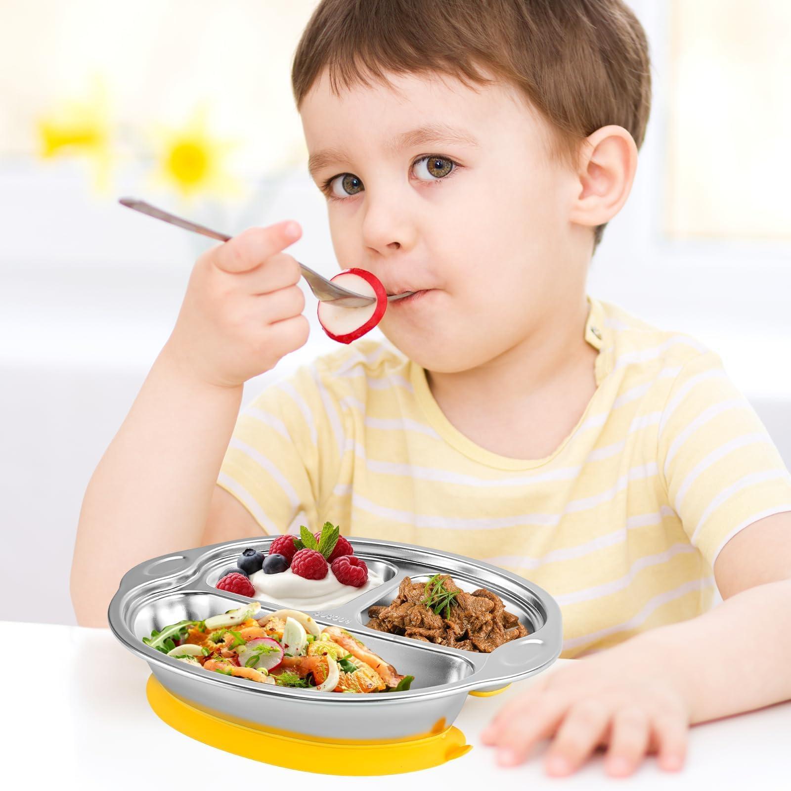 Mrs. Chou Stainless Steel Baby Suction Plates: Divided Plates Designed for Babies and Toddlers, Made of 100% Food-Grade Materials Ideal for Baby-Led Weaning BPA-Free Toddler Feeding Dishwasher Safe Yellow