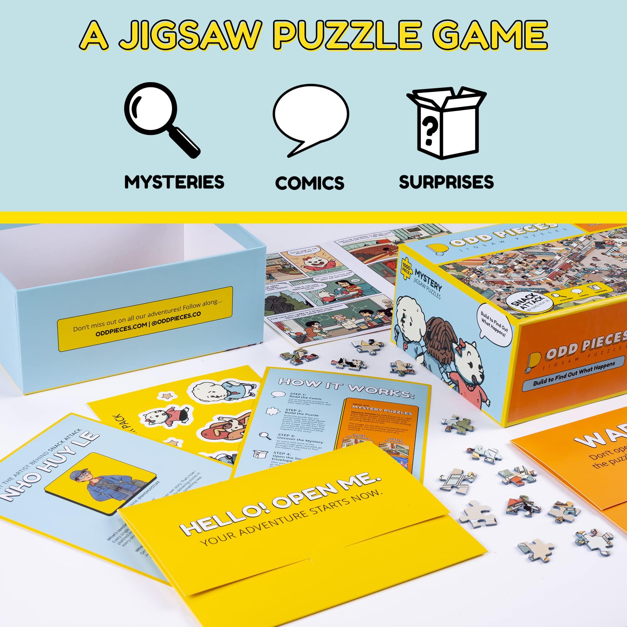 Odd Pieces Odd Pieces Mystery Jigsaw Puzzle-1,000 Pcs Mystery Puzzle with Storytelling Comics, Secret Ending-1000 Piece Puzzle for Adults & Kids 19.7\'\' x 27.6\'\' Frameable Magic Puzzle Art (Snack Attack)