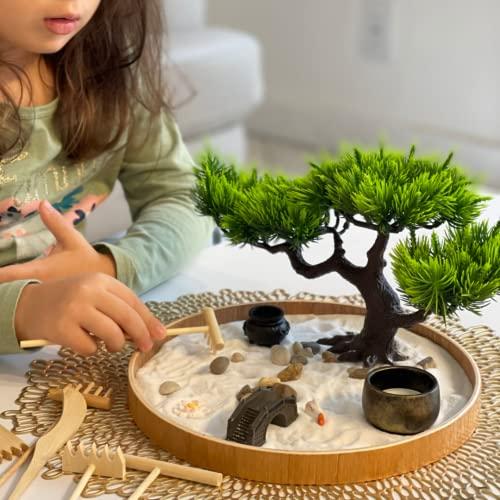 Timani Japanese Zen Garden for Desk - Zen Garden Sand Kit, Artificial Bonsai Tree, Rakes & Accessories - Japanese Decor Office Home Desktop Relaxation Sandbox Decor. 9.5\" Inches Wooden Round Tray