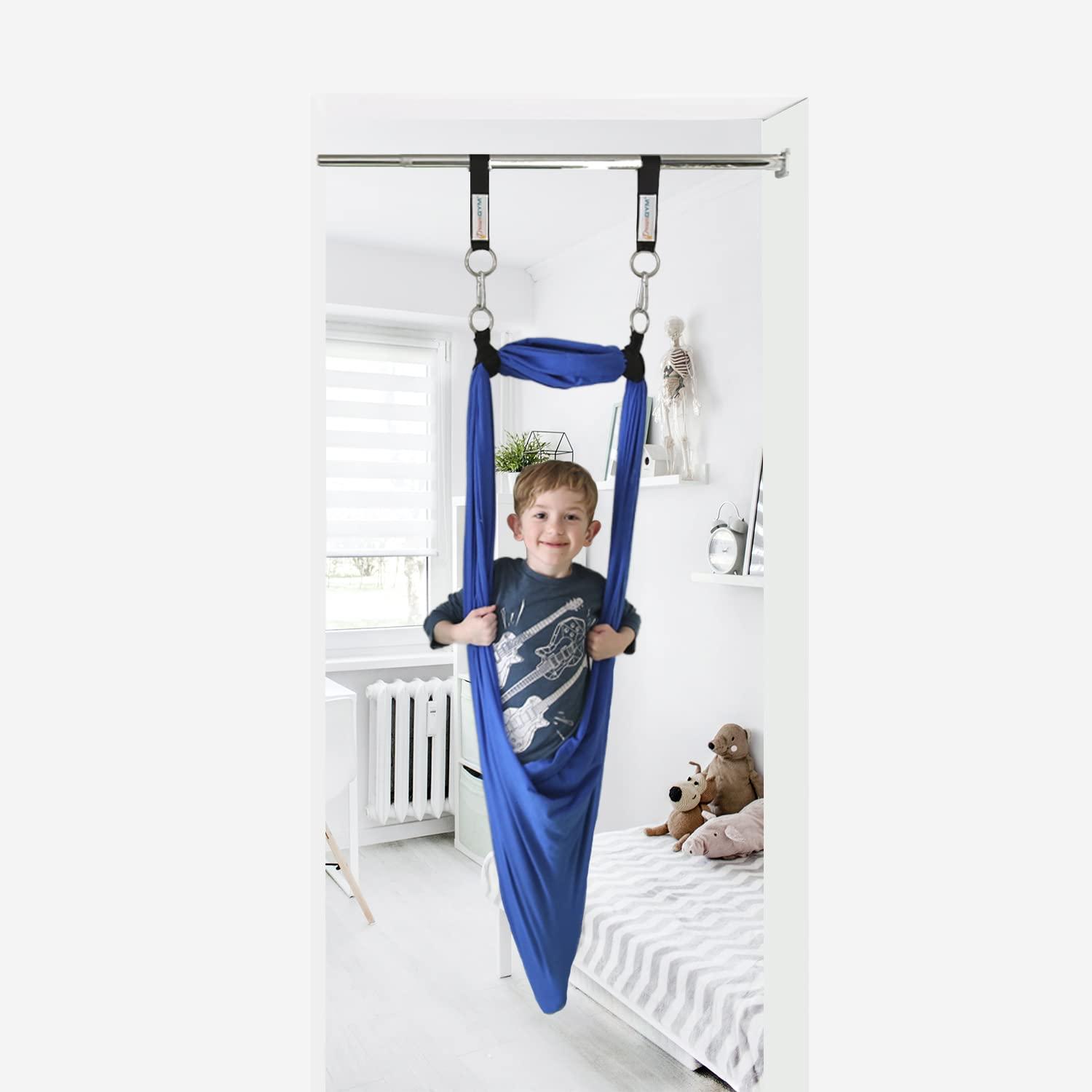DreamGYM DreamGYM Doorway Sensory Swing Kit - Blue Compression Swing and Trapeze Bar with Red Gym Rings Combo