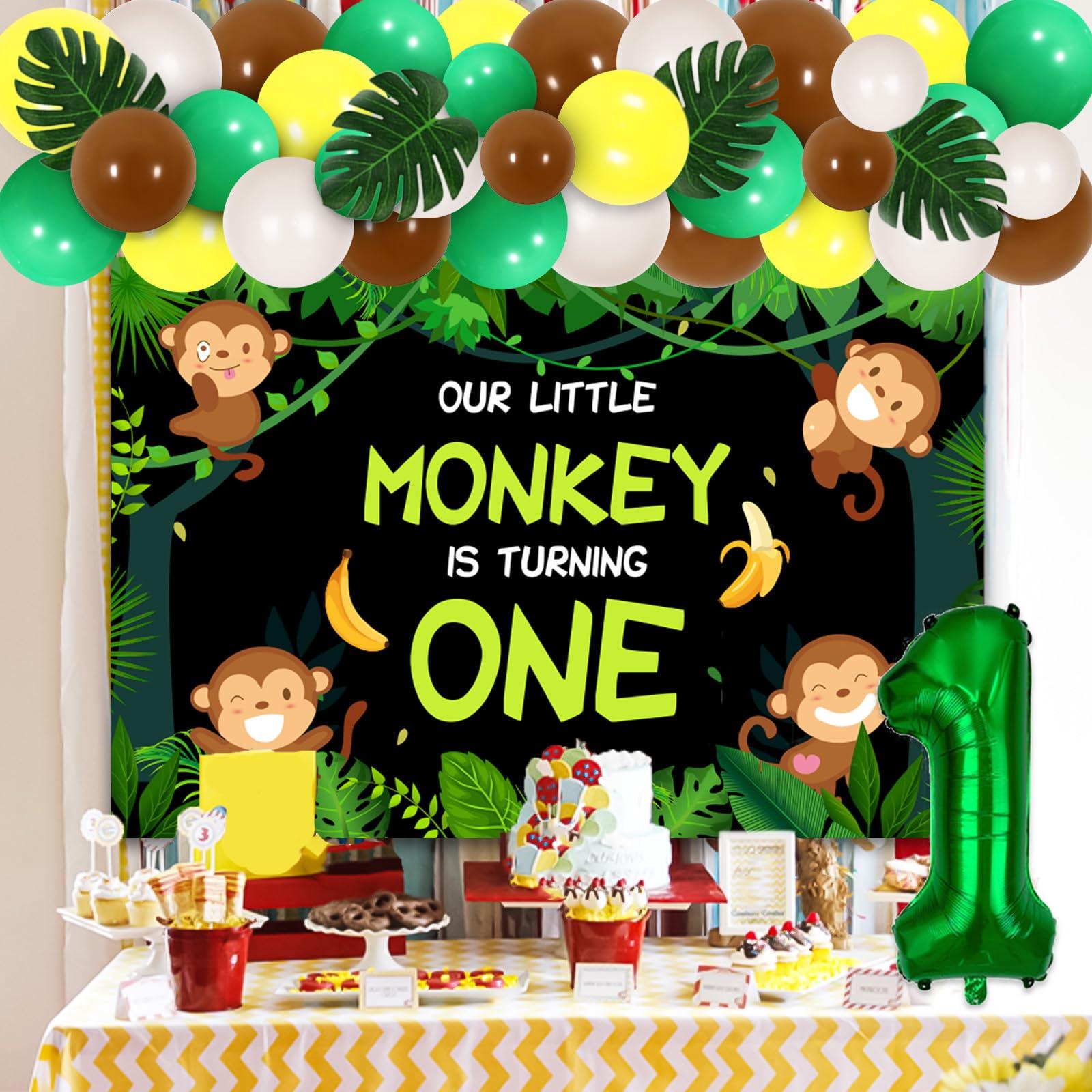 Funmemoir Monkey 1st Birthday Party Decorations - Our Little Monkey Is Turning One Backdrop, Jungle Safari Balloon Garland Arch Kit, Artificial Palm Leaves, Foil Balloons, Jungle Monkey Birthday Decorations