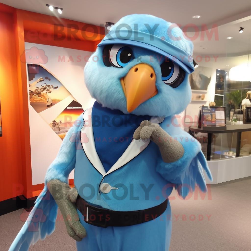 REDBROKOLY REDBROKOLY Sky Blue Falcon mascot costume character dressed with a Waistcoat and Caps