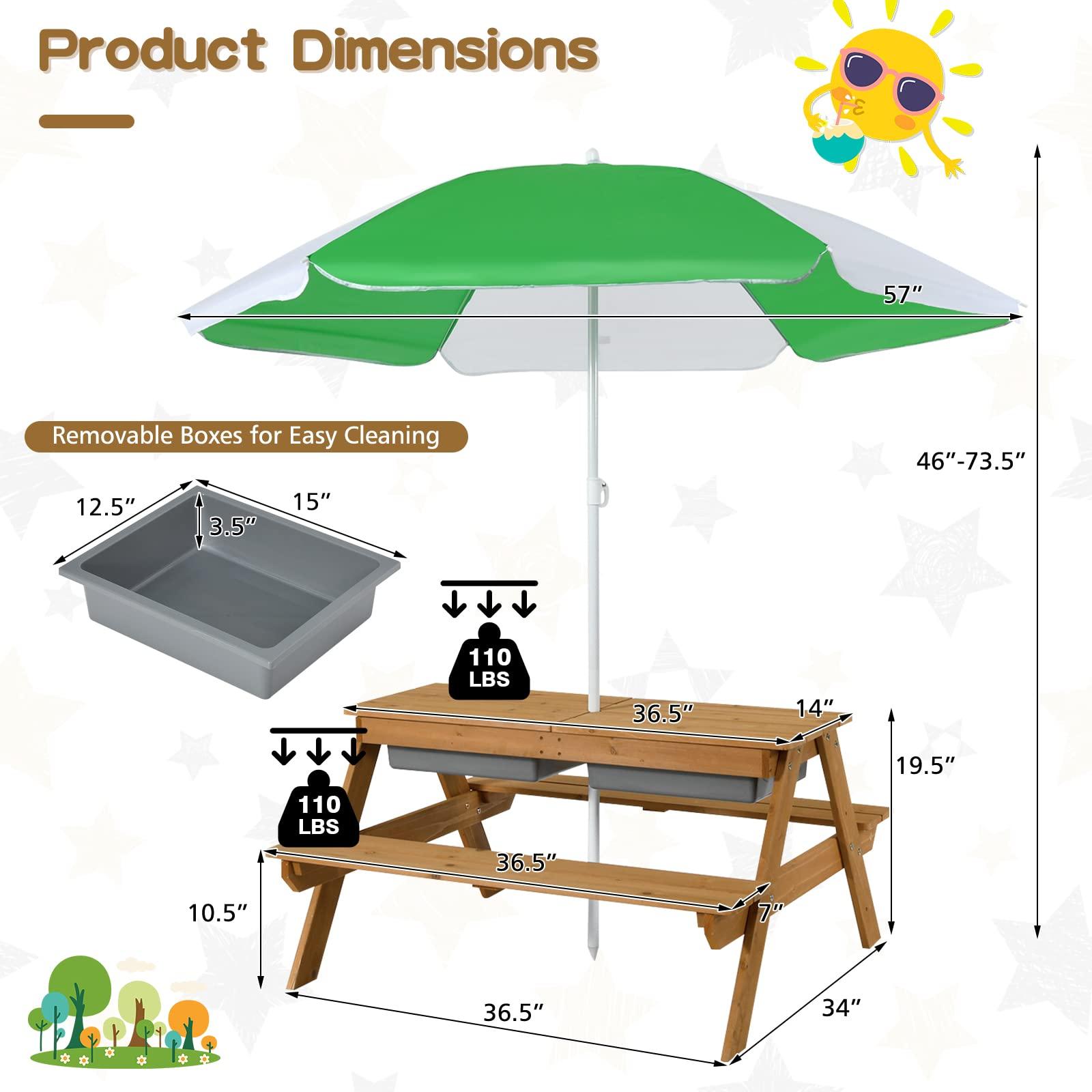 Costzon Costzon Kids Picnic Table, 3 in 1 Sand & Water Table w/Height Adjustable Umbrella, Removable Tabletop, Children Outdoor Toy Playset w/2 Play Boxes, Wooden Convertible Activity Play Table
