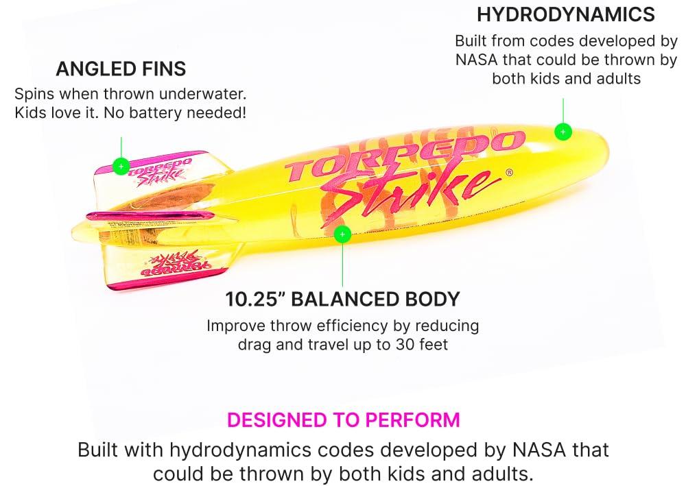 Torpedo Strike Torpedo Strike SpinFin 10.25\" Large Pool Torpedo Rocket Spins & Glides Up to 30 Feet Like Underwater Football for Under Water Passing Games Underwater Torpedo Diving Toy Glider (Yellow)
