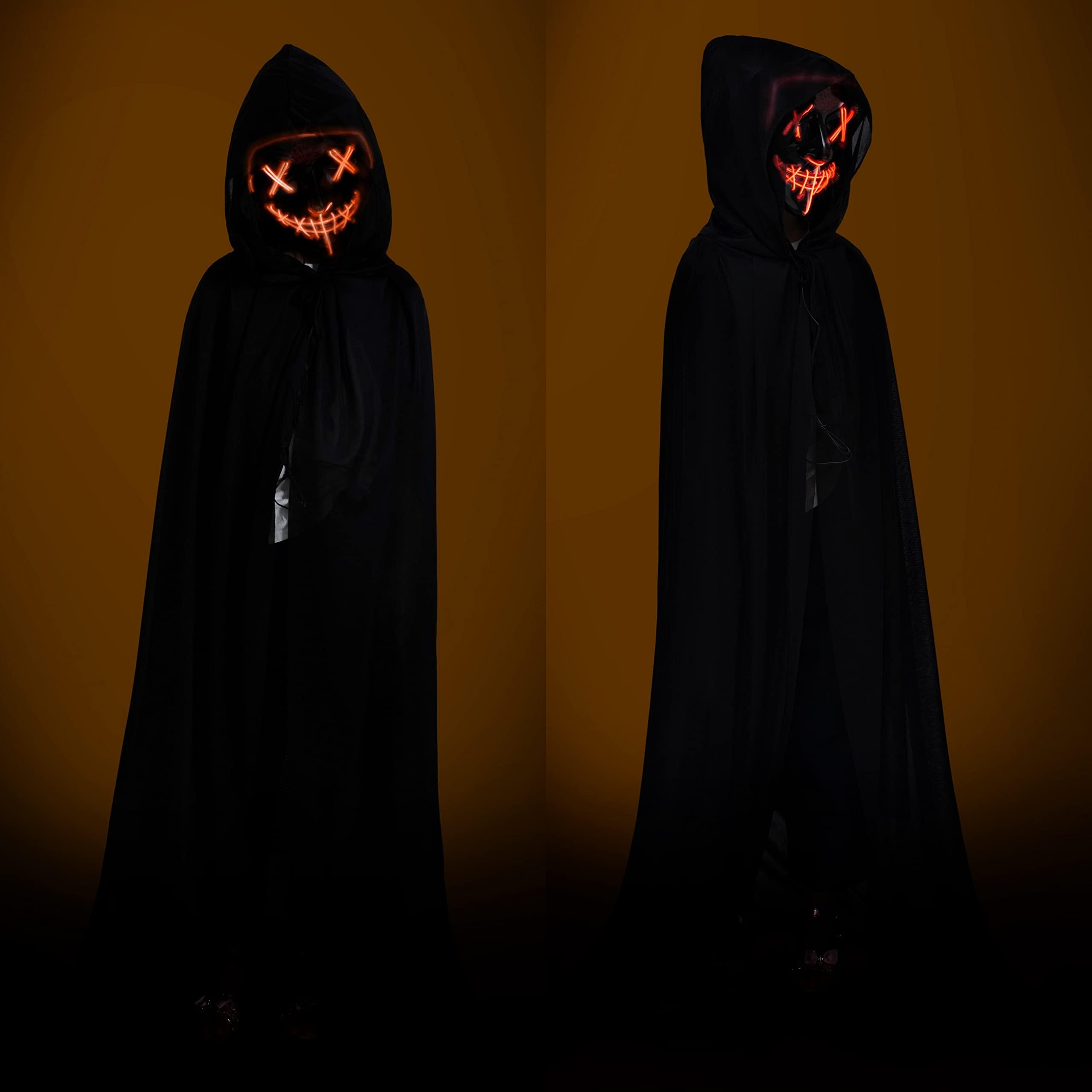 Joy Join Kids Full Length Hooded Velvet Cloak Halloween Cape Costumes with Orange LED Light up Scary Mask (35\"/90cm)