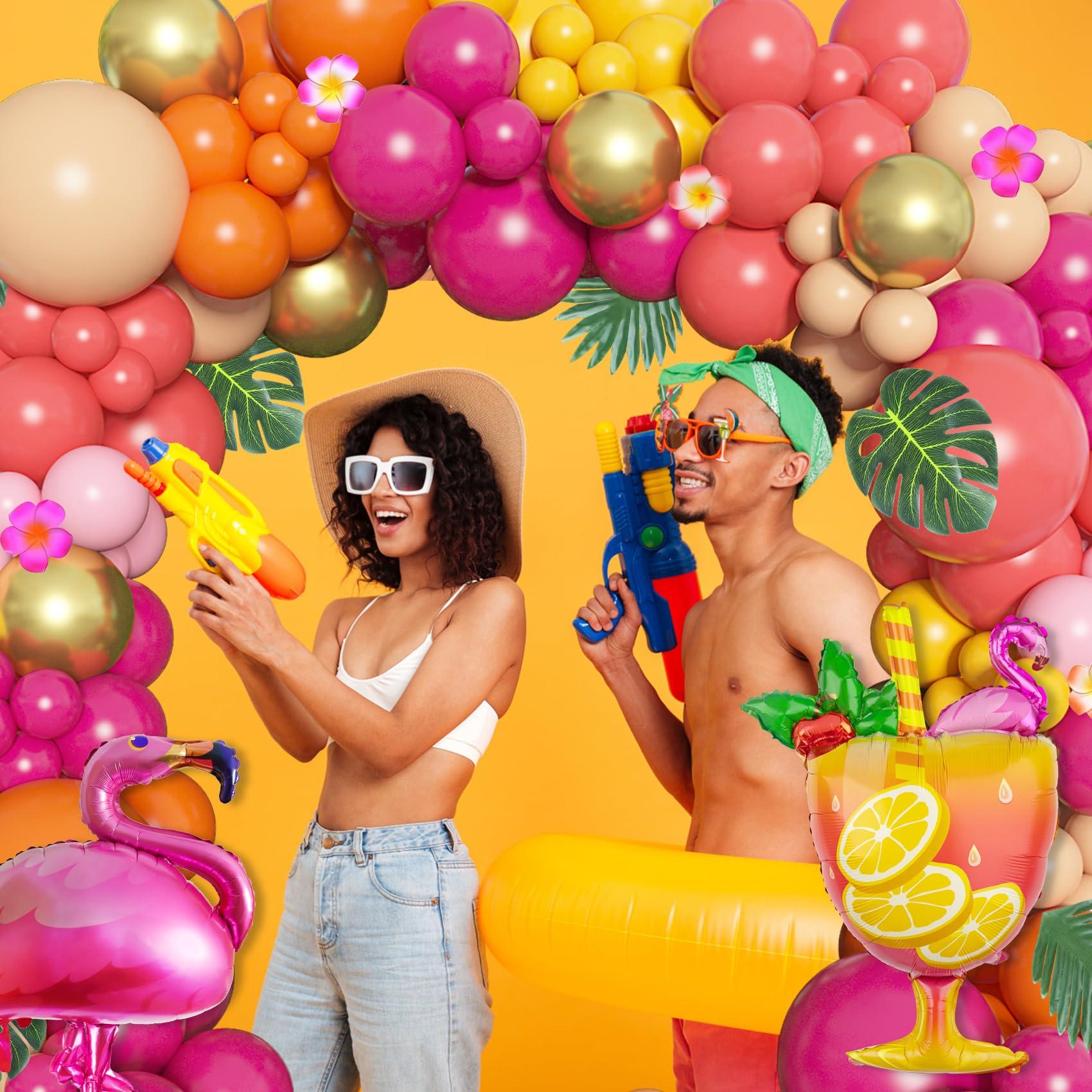 Ouddy Life Ouddy Life 178Pcs Tropical Balloons Arch Garland Kit, Luau Tropical Party Decorations with Aloha Pineapple Coconut Hot Pink Aqua Blue Balloons & Palm Leaves for Hawaiian Summer Birthday Supplies