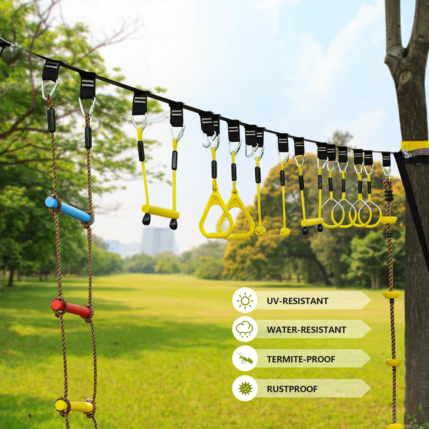 ninja line NINJA LINE 2X65FT Ninja Warrior Obstacle Course for Kids - Ninja Slackline with 14 Obstacles - Ninja Course for Kids with Swing, Ladder,Monkey Bar,Arm Trainer, Climbing Rope