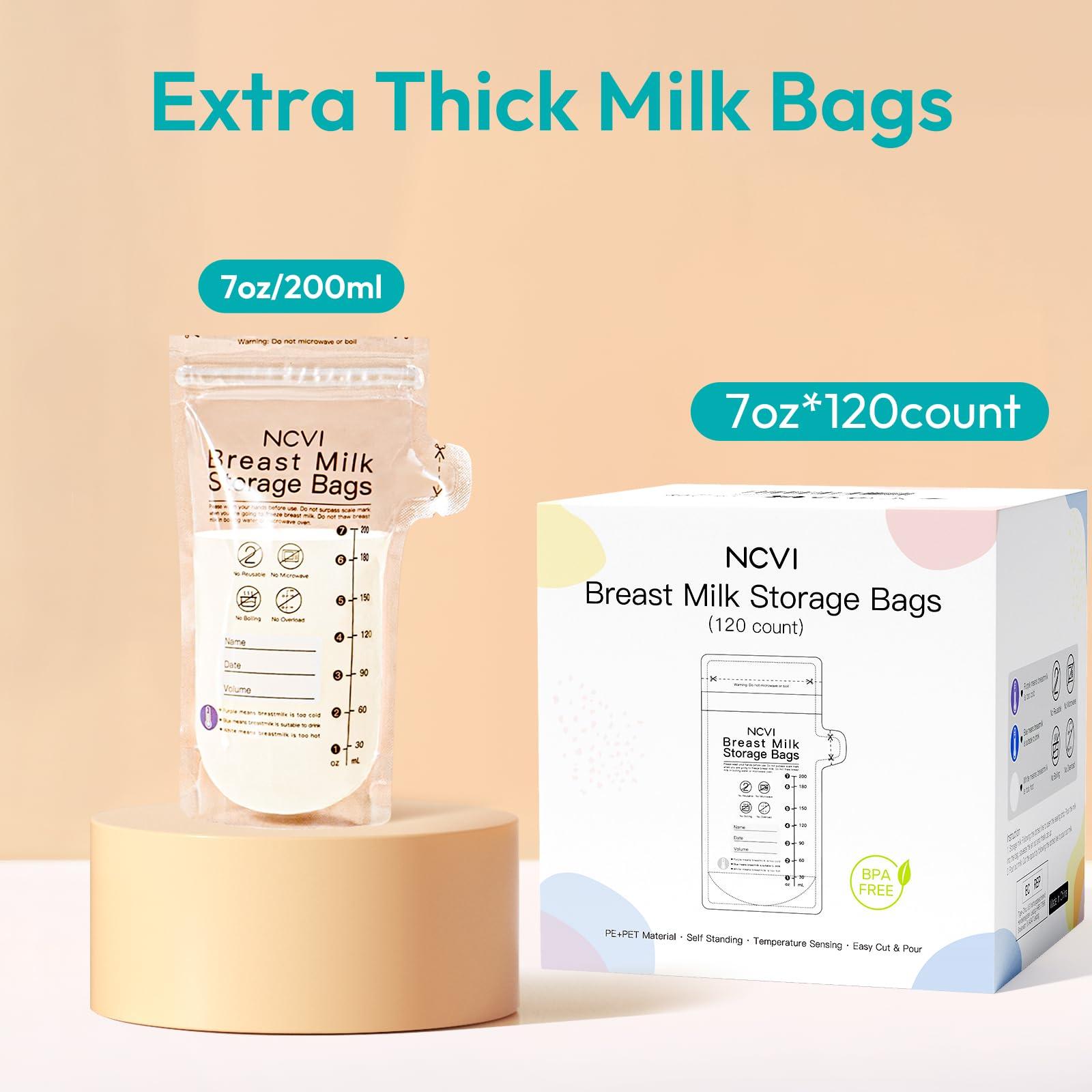 NCVI NCVI Breastmilk Storage Bags, 120 Count Milk Storage Bags for Breastfeeding, 7oz Breast Milk Storage Bags with Temp-Sensing, Doubled-Sealed, Hygienically, Self Standing, Easy Pour Spout, BPA Free