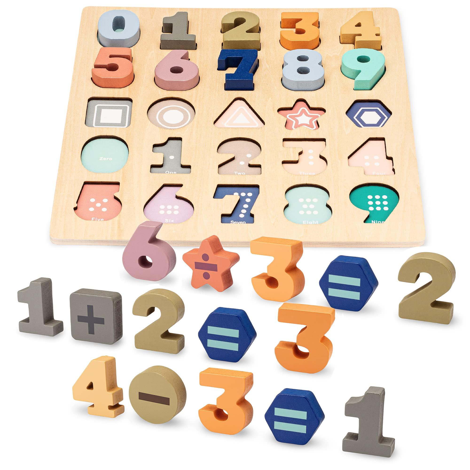 Frankly Awesome Products Wooden Puzzles for Toddlers 3-5 - 25pcs Puzzle by Number Kids w/Shapes & Math Symbols - Toddler Number Learning Toys to Develop Counting & Problem-Solving Skills - Number Puzzles for Kids Ages 3-5