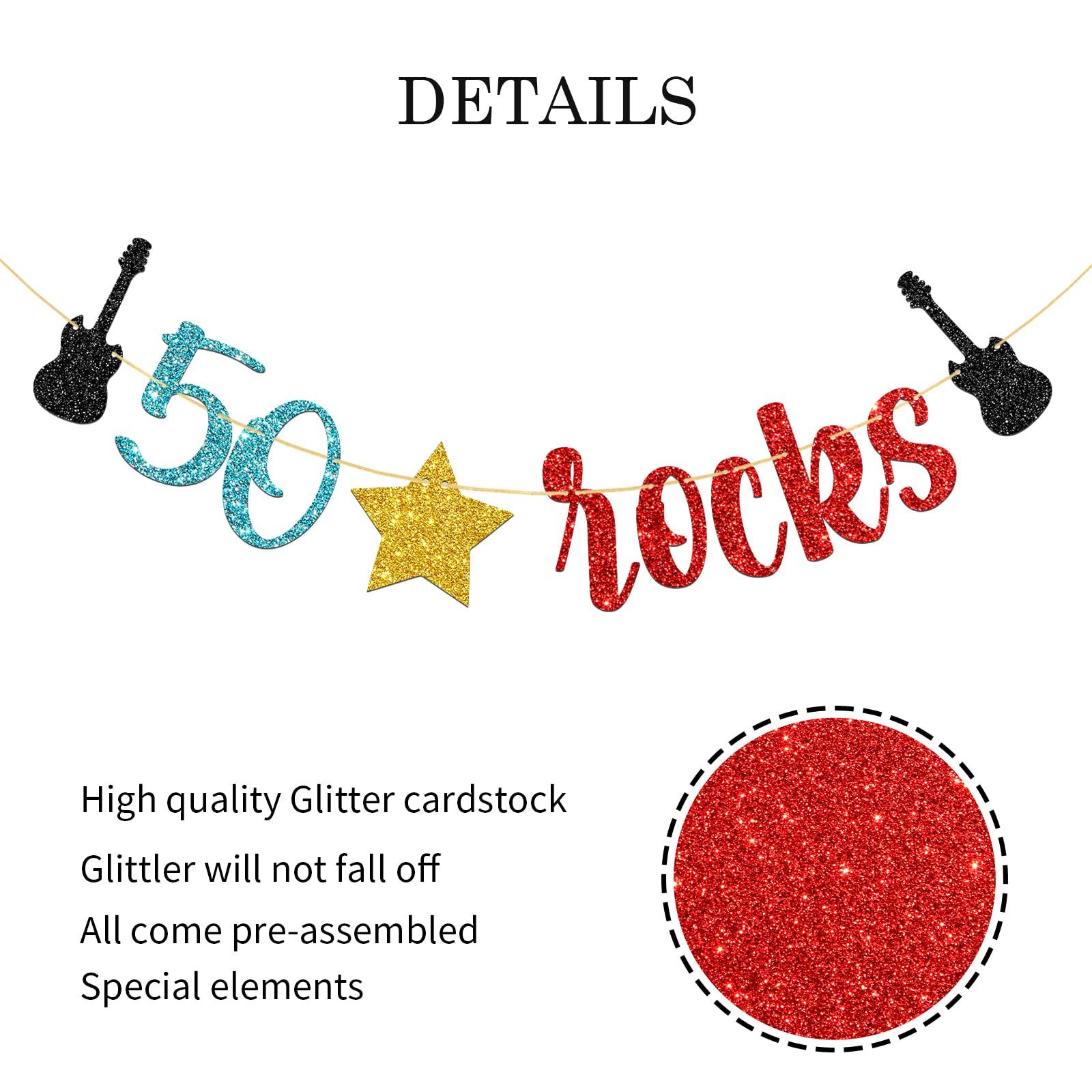 WeBenison WeBenison 50 Rocks Birthday Banner Rock and Roll Music Theme 50th Birthday Banner / 50\'s Rock Guitar Birthday Party Decorations Glitter (50)