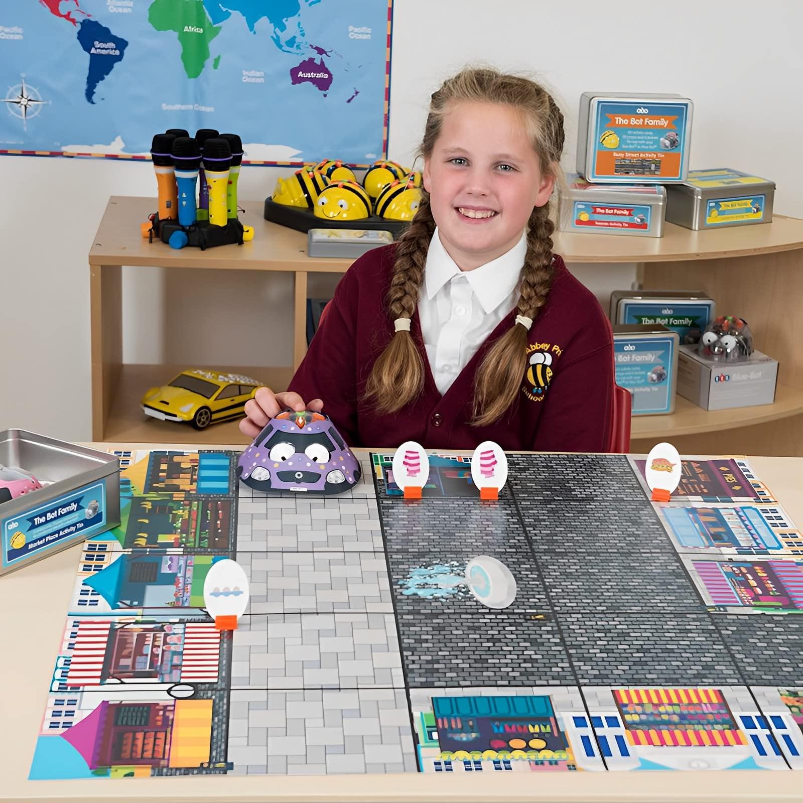 Generic TTS 2 Bee-Bot and 2 Blue-Bot See and Say Robots Classroom Bundle with Play Mats Includes 1 Countryside Mat, 1 Marketplace Mat, 1 Seaside Mat & 1 Fairytale Mat