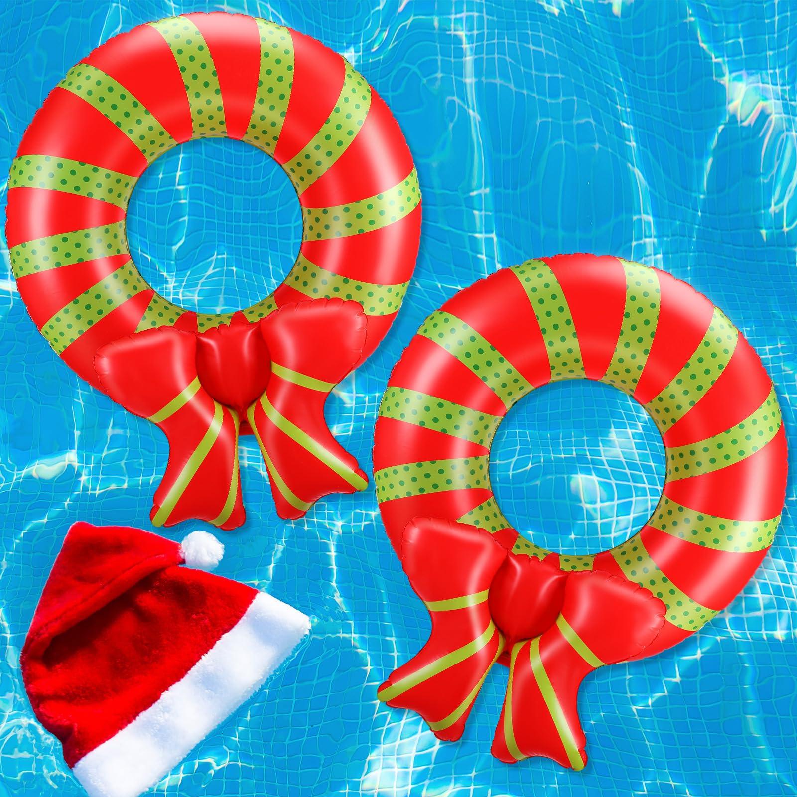 JellyArch JellyArch 2 Pcs Christmas Inflatable Wreath Decorations Inflatable Christmas Pool Ring Float with Bow Xmas Holiday Hanging Wreath Decor Indoor Outdoor for Party Window Lawn Yard Garden(43 Inches)