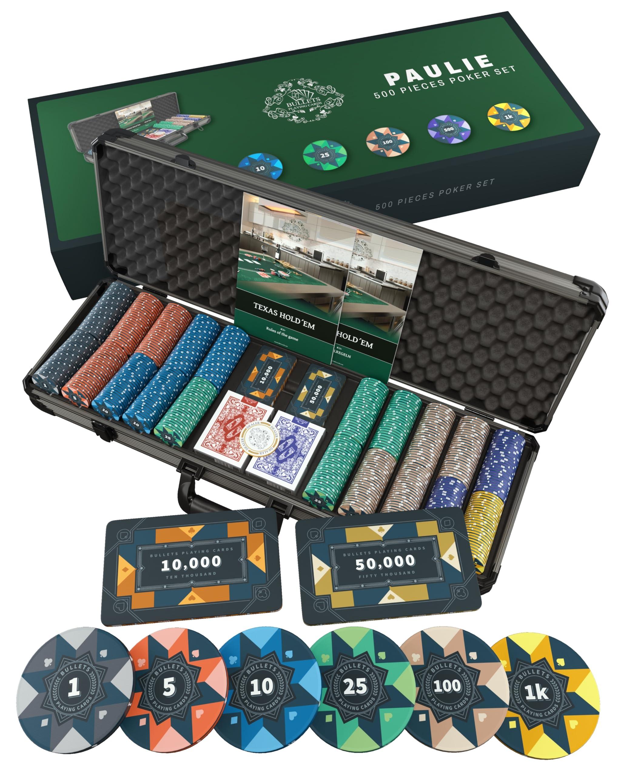 Bullets Playing Cards Bullets Playing Cards Poker Sets with Case - Versatile Denominations for Poker, Blackjack, & Casino Games - Durable & Complete Set - Poker Case with 500 Ceramic Poker Chips \'Richie\' with Values