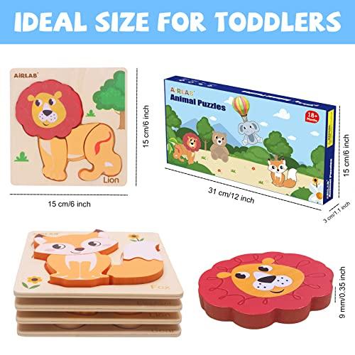 Airlab Wooden Puzzles for Toddlers 1 2 3 Year Old Animals Shape Puzzle Toys for Travel Airplane Gift for Kids Montessori Early Development Gifts for Baby Boys Girls with Drawstring Bag Pack of 4