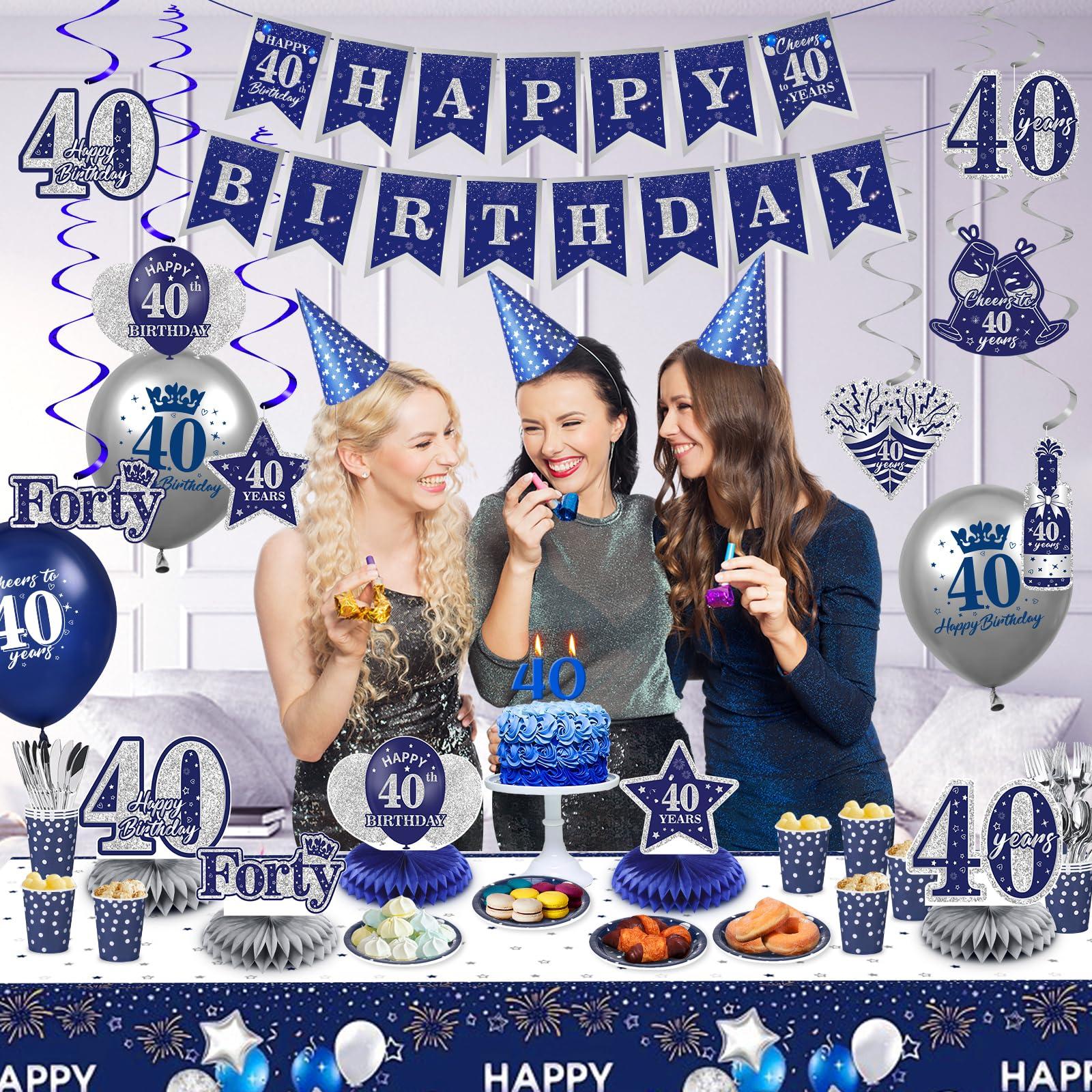 RUMIA Blue 40th Birthday Decorations for Men Women, 47Pcs Navy Blue Silver Happy 40th Birthday Banner Balloons Honeycomb Centerpiece Hanging Swirls Kit for Cheer to 40 Years Birthday Party Supplies Decor
