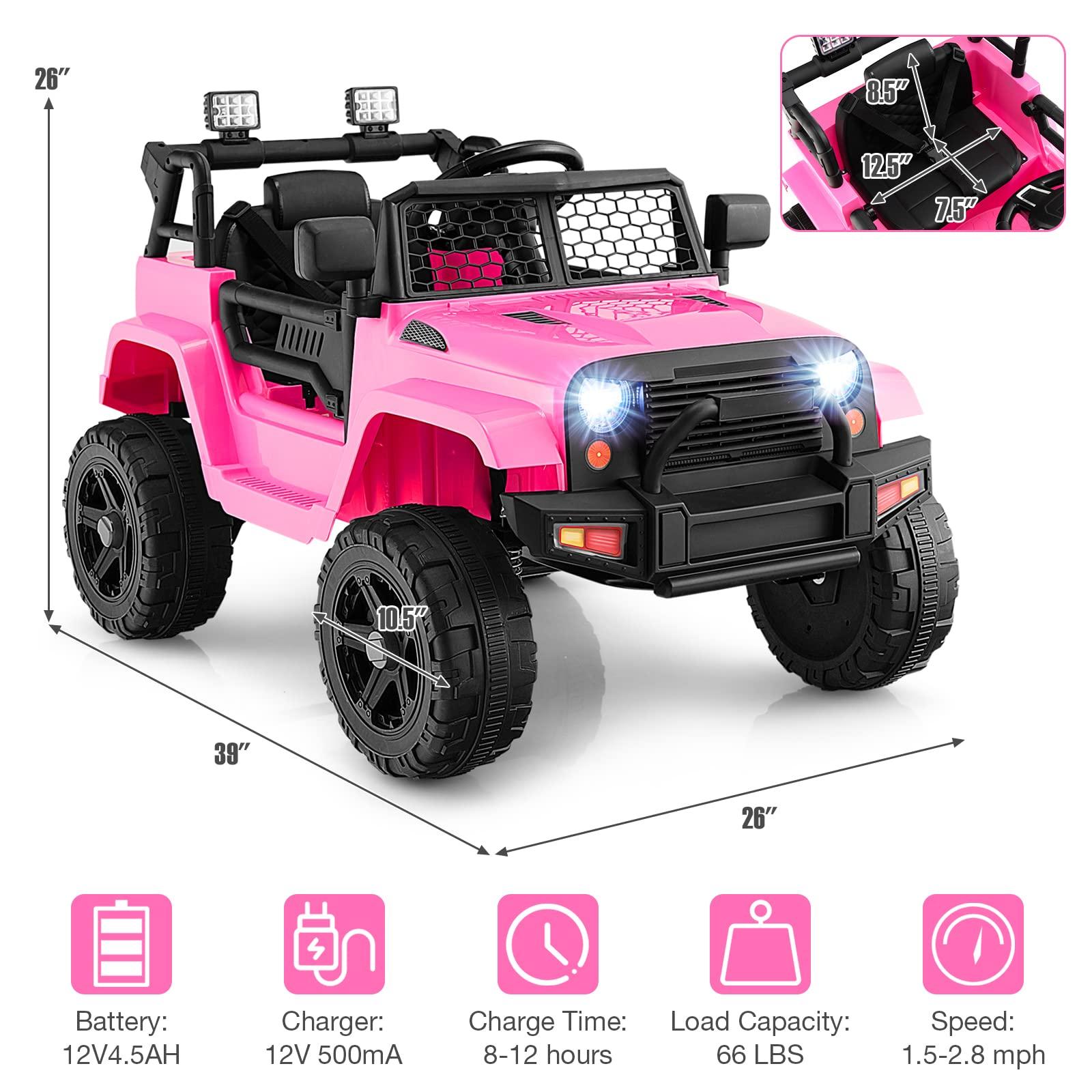 HONEY JOY HONEY JOY Pink Ride On Truck, 12V Battery Powered Vehicle Ride On Car with Remote Control, Spring Suspension, Headlights, Music, Mesh Windshield, Electric Cars for Kids, Gift for Girls 3+ (Pink)