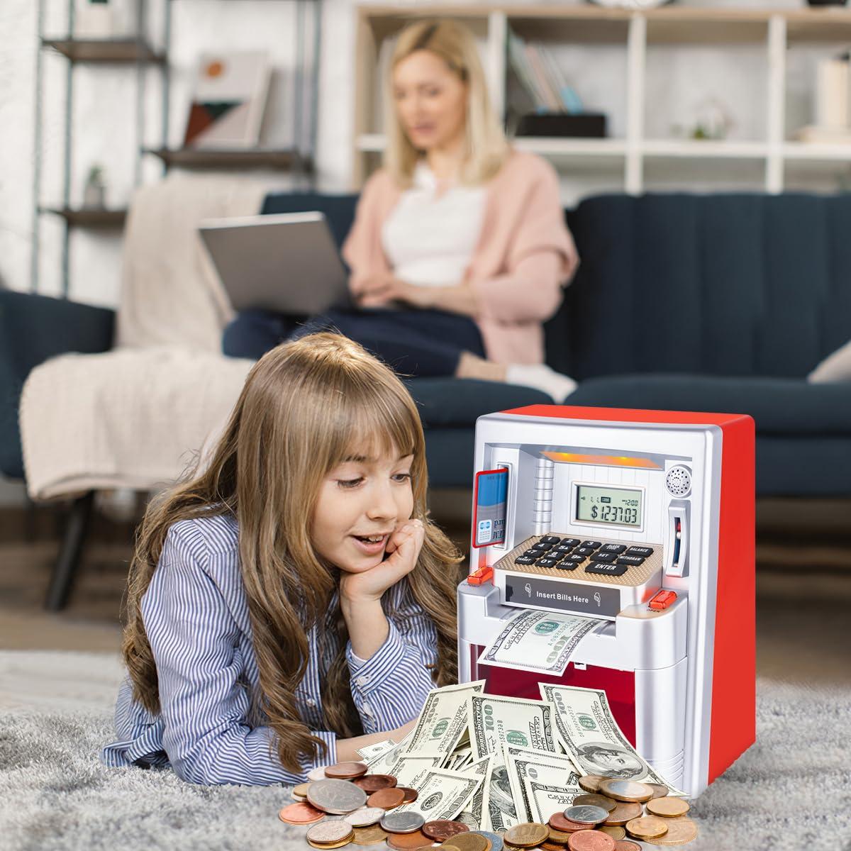 qiekaka Qiekaka Upgraded ATM Piggy Bank, Kids Talking Piggy Bank, ATM Bank Machine for Real Money, with Debit Card, Balance Calculator, Digital Electronic Savings Safe Box for Teen Boys Girls.