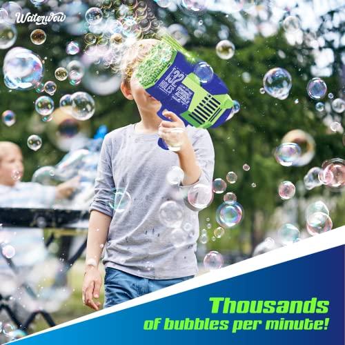 Waterwow Turbo Bubble 132 Holes Bubble Machine Gun Toy for Kids with Liquid Solution and Colorful Light Up Effects, Birthday Party and Summer Fun Outdoor Play, Gift for Boys and Girls, Blue Green