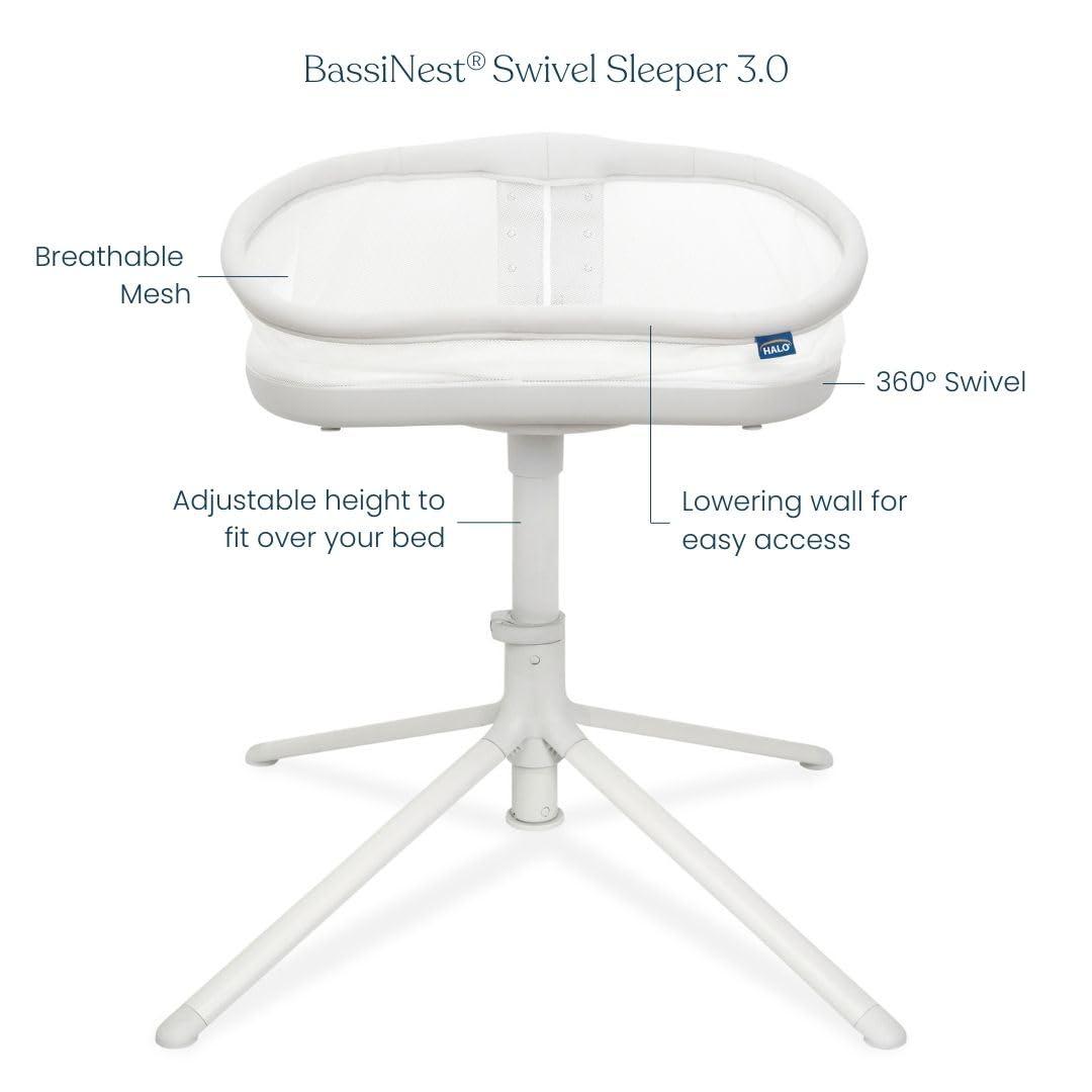 HALO HALO BassiNest Swivel Sleeper 3.0 Bedside Baby Bassinet with 360 Rotation, Adjustable Height, Breathable Mesh, Safe Close Sleeping, Lowering Wall for Easy Access, Feeding & C-Section Recovery