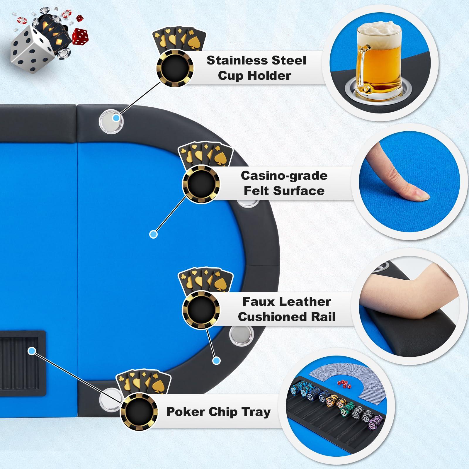 ECOTOUGE ECOTOUGE Poker Table w/Stainless Steel Cup Holder Casino Leisure Table, Top Texas Hold'em Poker Table w/Leg (Blue, Oval)