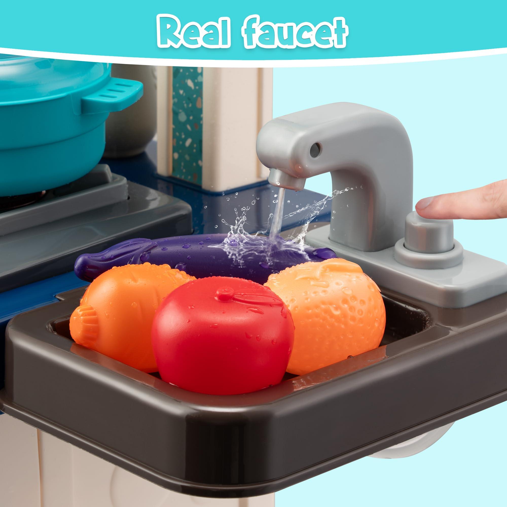 zaddgiuuy Kids Kitchen Playset-53pcs Cooking Stove,Paly Sink,Oven,Kitchen Toys with Realistic Lights&SoundsPretend Play Toys,Kitchen Toys for Toddler 1 2 3(Blue)