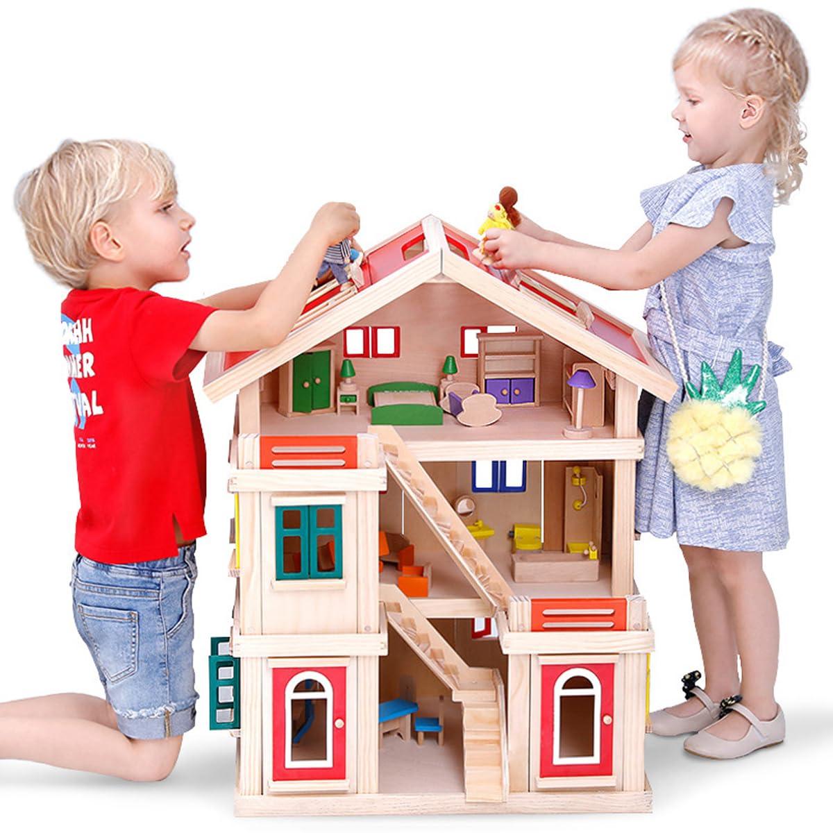 LANGWEI LANGWEI Wooden Dollhouse, Large 3-Story DIY Castle Doll House with Furnitures & Dolls, Mini House Building Kit Montessori Toys for Ages 3+