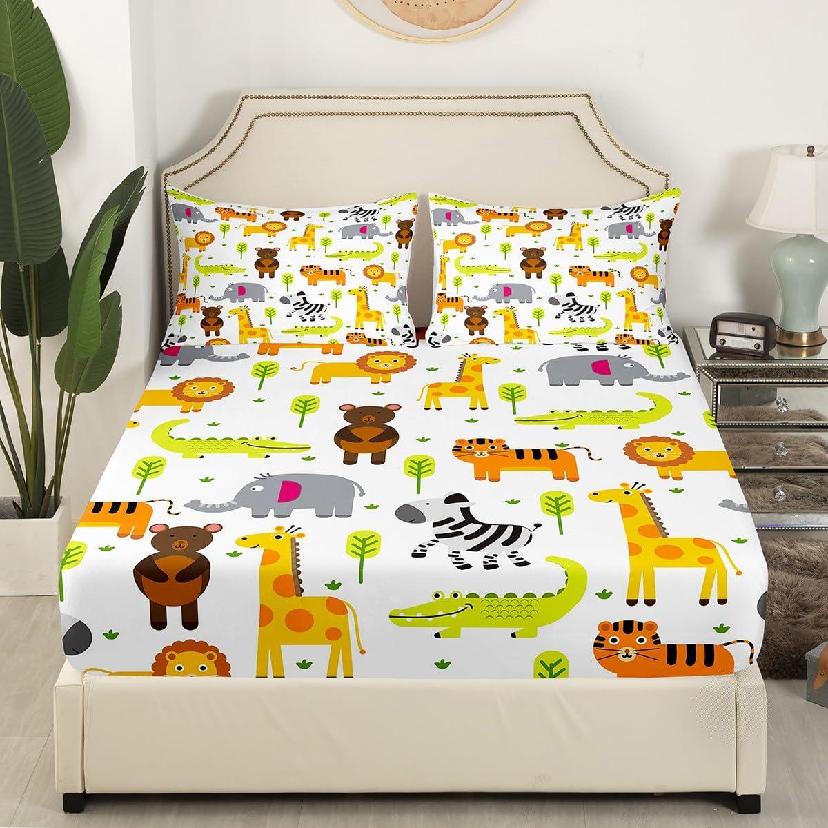 Erosebridal Zoo Animal Toddler Bedding Set Safari Nursery Decor Bed Sheets Full, Cartoon Animals Fitted Sheet Woodland Animal Print Sheets Kawaii Giraffe Elephant Lion Fitted Bed Sheets 3 Pieces