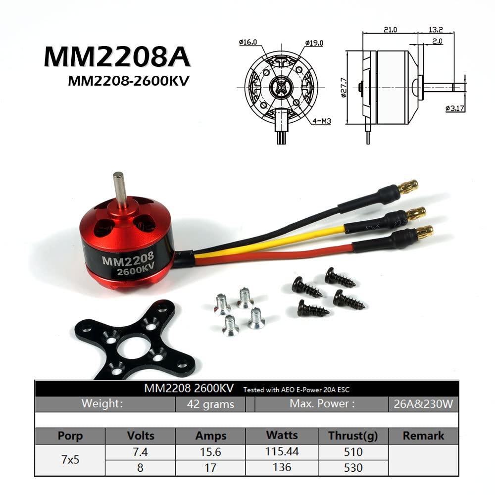 Dancing Wings Hobby Micro brushless Metal Motor MM2208 1700KV 2600KV Power Supply for RC Models (MM2208A)