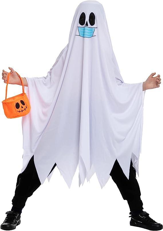 Spooktacular Creations Spooktacular Creations Halloween Child Friendly Ghost Costume with Pumpkin Bucket, Halloween Spooky Cloak Cape horror masks for Unisex Kids (Small (5-7yr))