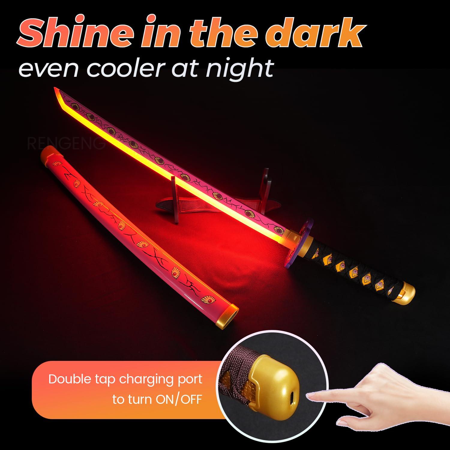 RG RENGENG RENGENG Light Up Kokushibo Sword, 30 Inches Rechargeable Pre-Assembled Plastic Replica with Belt & Stand & Spinner, Original Texture Sword