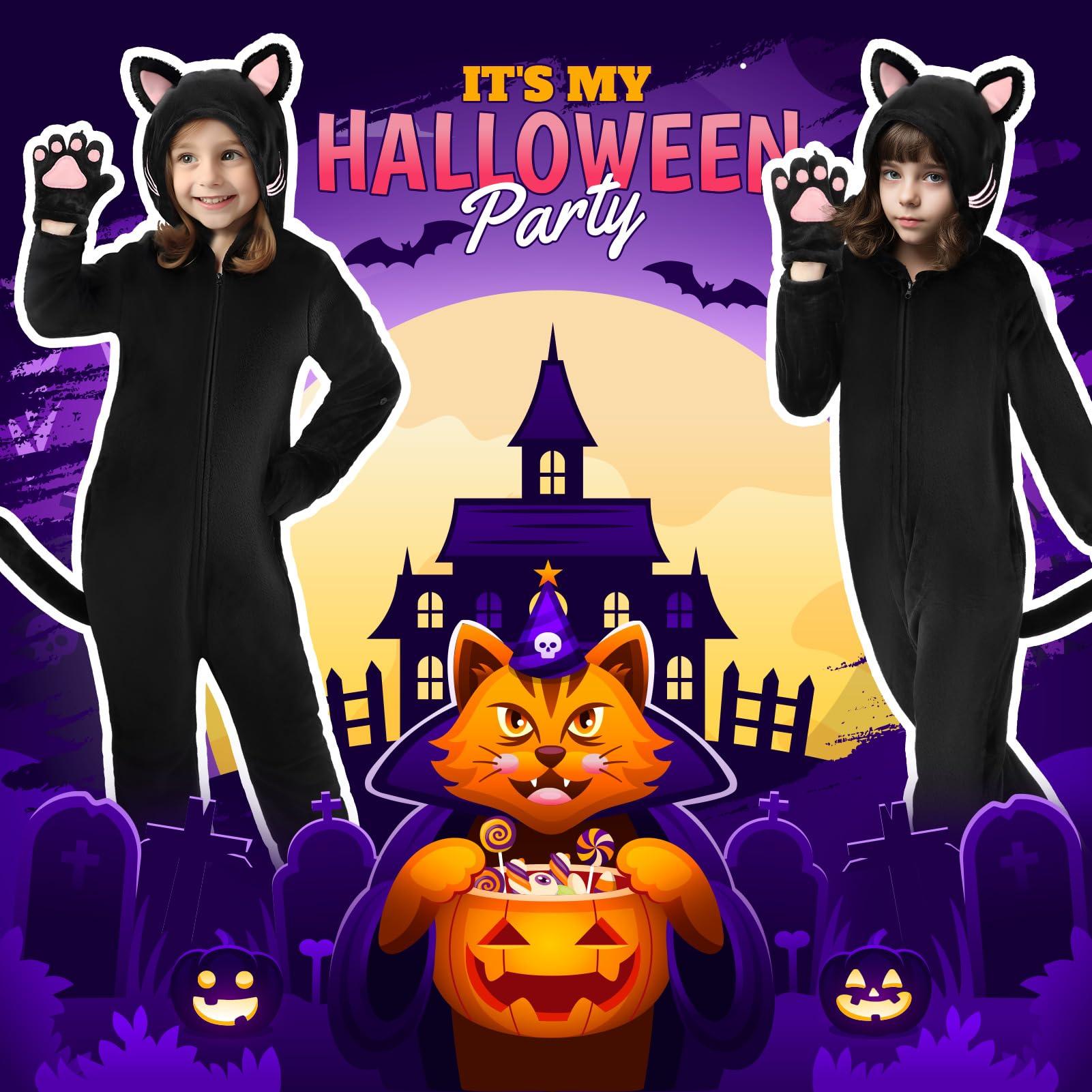 GIFTINBOX Cat Costume For Girls Cat Noir Costume Zip Up Hooded Onesie Black Cat Costume for Kids Dress Up Role Play Halloween Costumes for Kids Girls 5 6 7 8 9 10