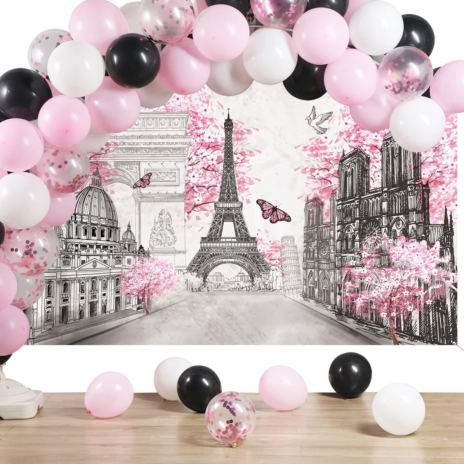 Sumind 76 Pcs Paris Party Supplies Set Pink Paris Theme Party Decoration Eiffel Tower Party Backdrop White Pink Black Balloon Arch Garland Kit for Kid Boy Girl Birthday Decoration