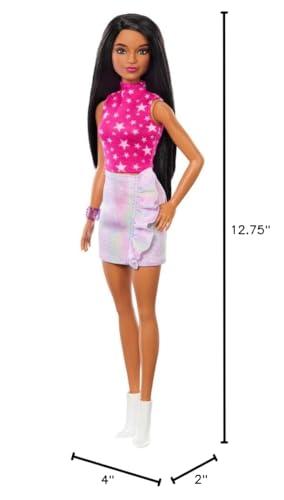Barbie Barbie Fashionistas Doll #215 with Black Straight Hair, Pink Star-Print Top & Iridescent Skirt, 65th Anniversary Collectible Toy