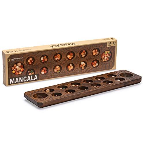 Yellow Mountain Imports Yellow Mountain Imports Mancala Set with 17.3-Inch Solid Wood Board and Quartz Pebble Playing Pieces